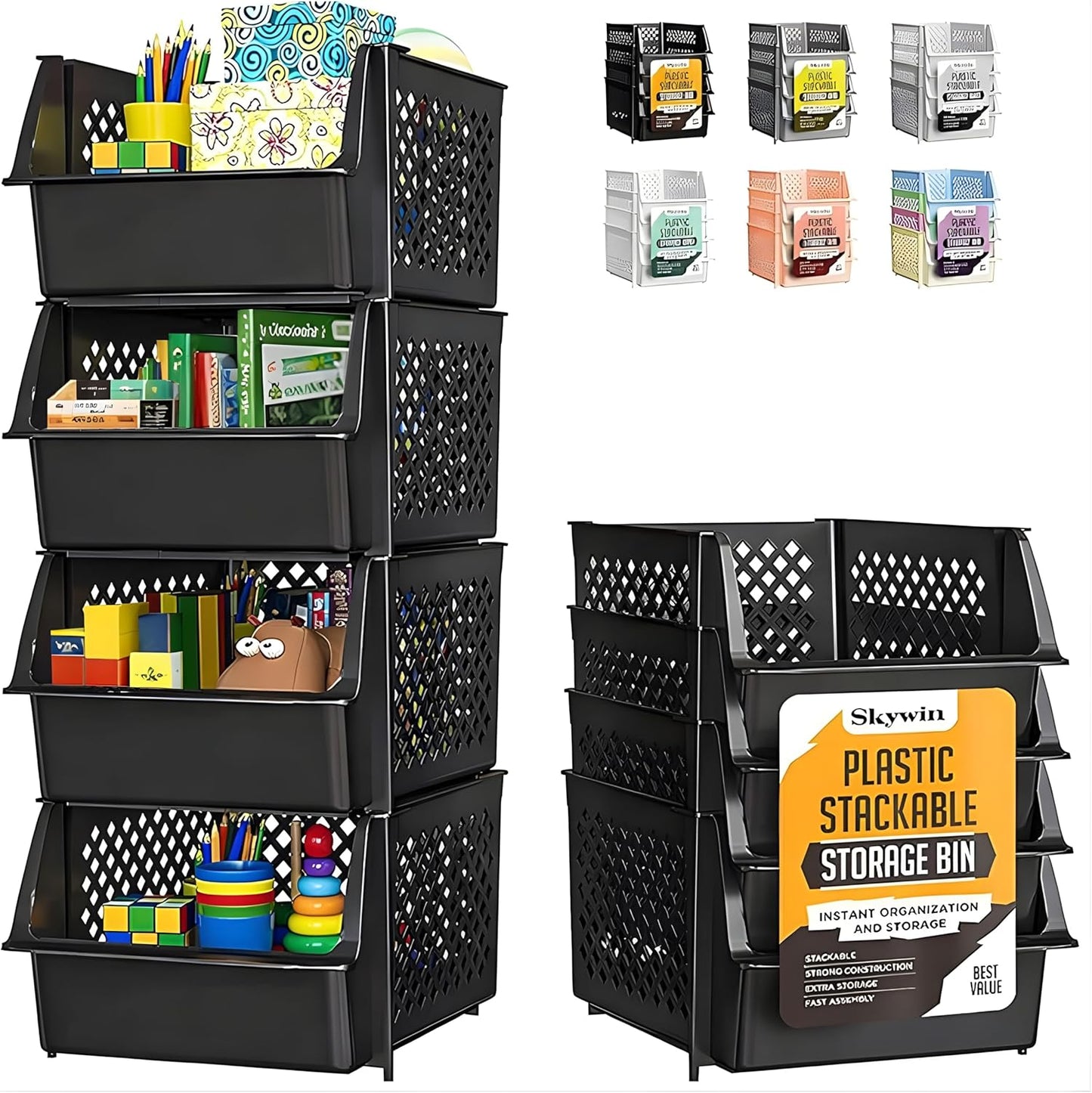 TidyFriend Stackable Storage Bins - Open Front Pantry Organizers for Kitchen & Home | 4-Pack (Black)