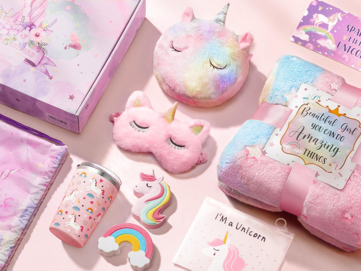 Tiblue Unicorn Toys for Girls Ages 4-6, Kids Girl Valentine Gift Tween Girl Gift Trendy Stuff Birthday Gifts for 4 5 6 7 8 9 10 11 12 Year Old Toddler Teen Girl with Glow in The Dark Blanket Cup Purse
