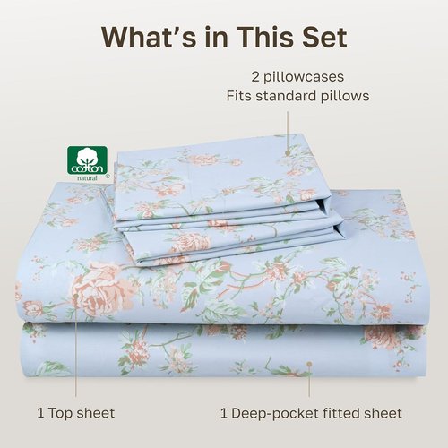 California Design Den Queen Bed Sheets Set - 400 TC Award-Winning Soft Cotton, Deep Pockets, Floral Blue/Pink
