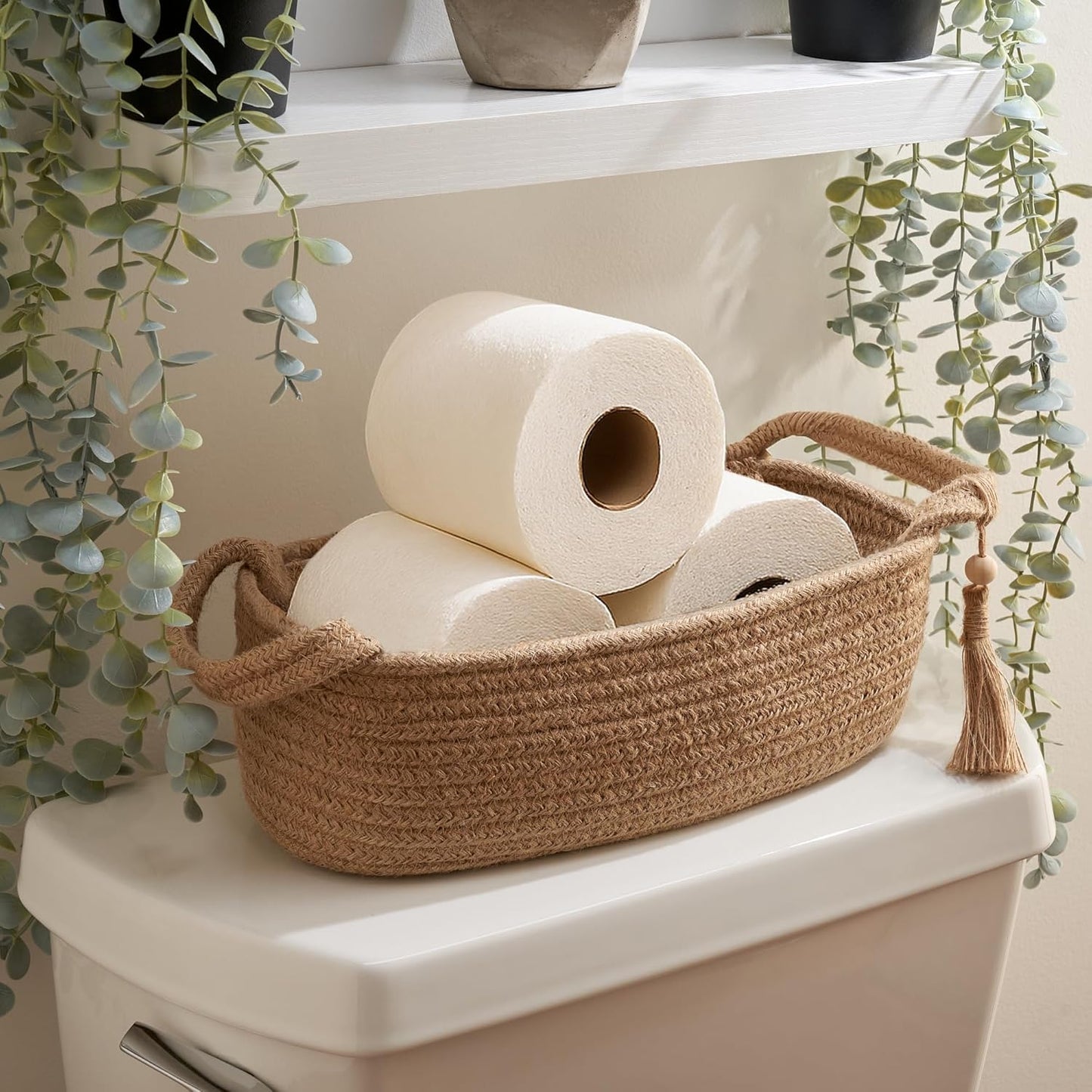 Skiennix Decorative Toilet Paper Basket - Stylish Bathroom Organizer for Toilet Tank Storage | Boho Jute Cotton Rope with Tassel