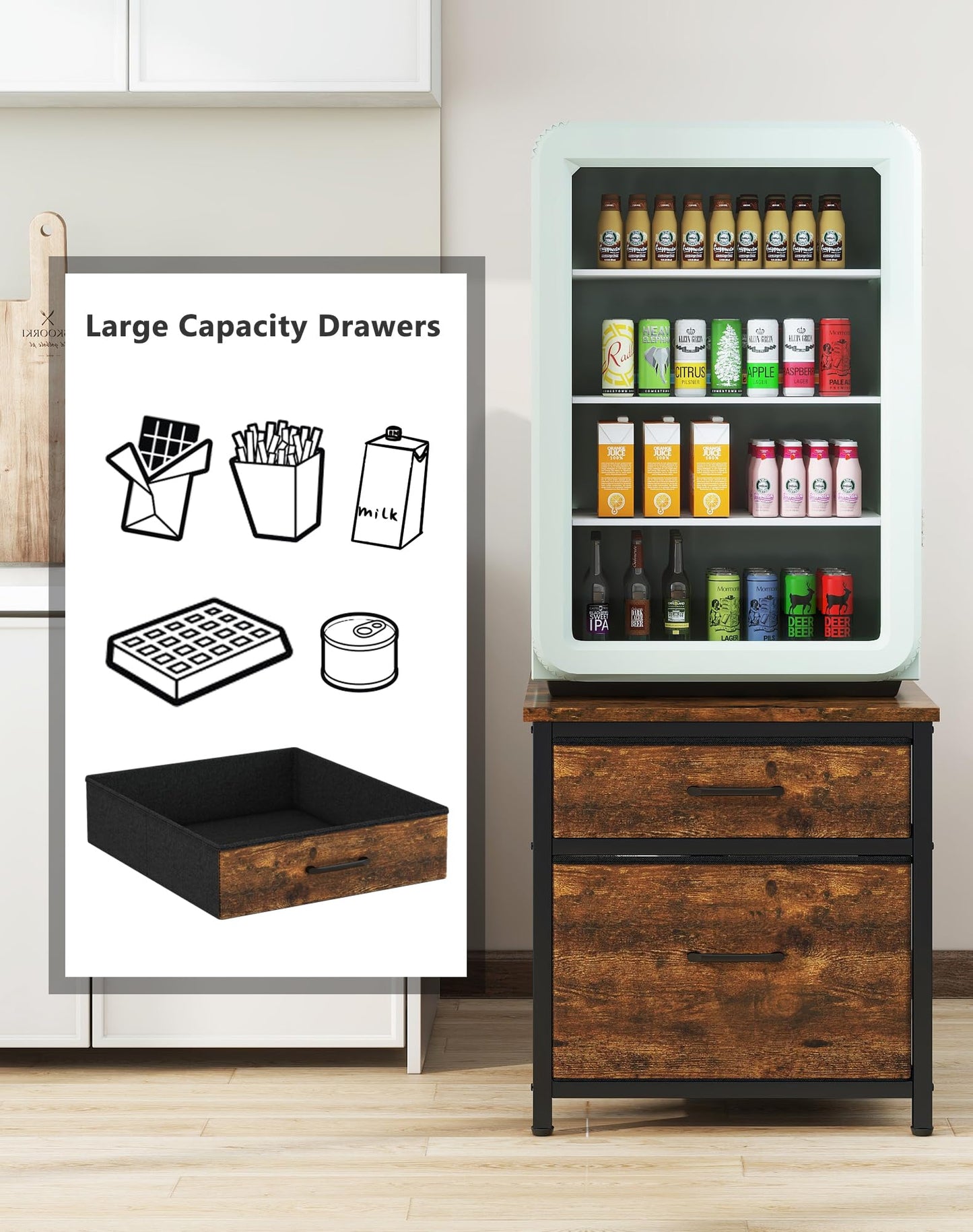 YMYNY Mini Fridge Stand with Storage, Mini Fridge Cabinet with Fabric drawers, 250lbs Heavy-Duty Compact Refrigerator Table for Home, Office, Bedroom,21.7" L x 22.8" W, Rustic Brown HBR008H