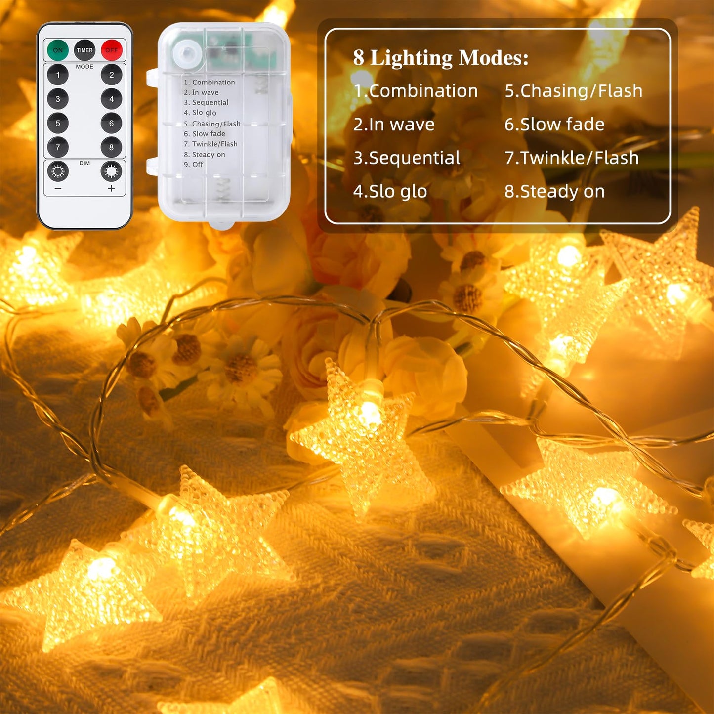 2 Pack Star String Lights Total 33ft 100 LED Hanging Star Fairy Lights Battery Operated for Indoor Outdoor Waterproof Twinkle Lights with Remote Control for Bedroom Party Christmas Decor Warm White