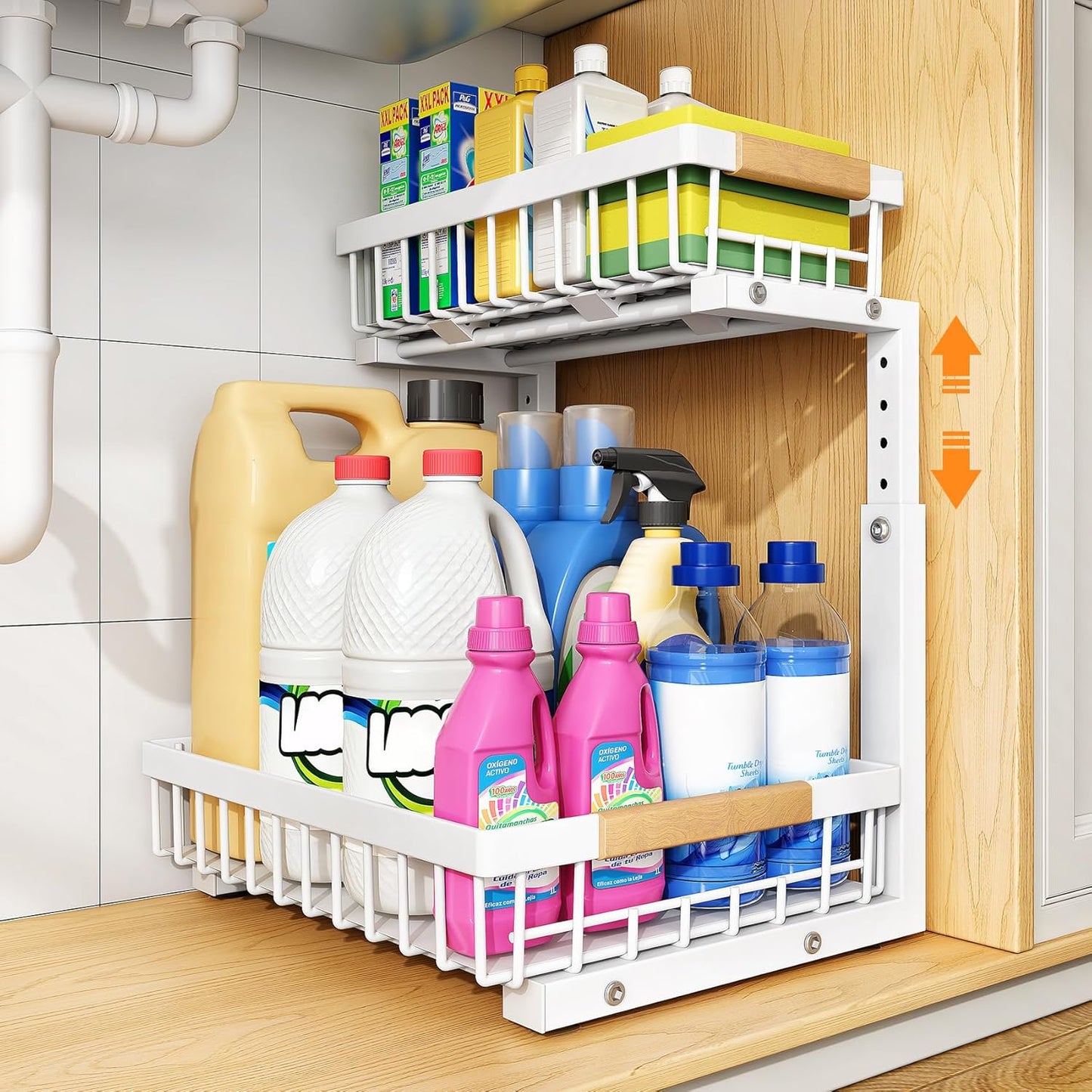 PXRACK Under Sink Organizer - Adjustable 2-Tier Pull-Out Storage for Kitchen & Bathroom | Large White