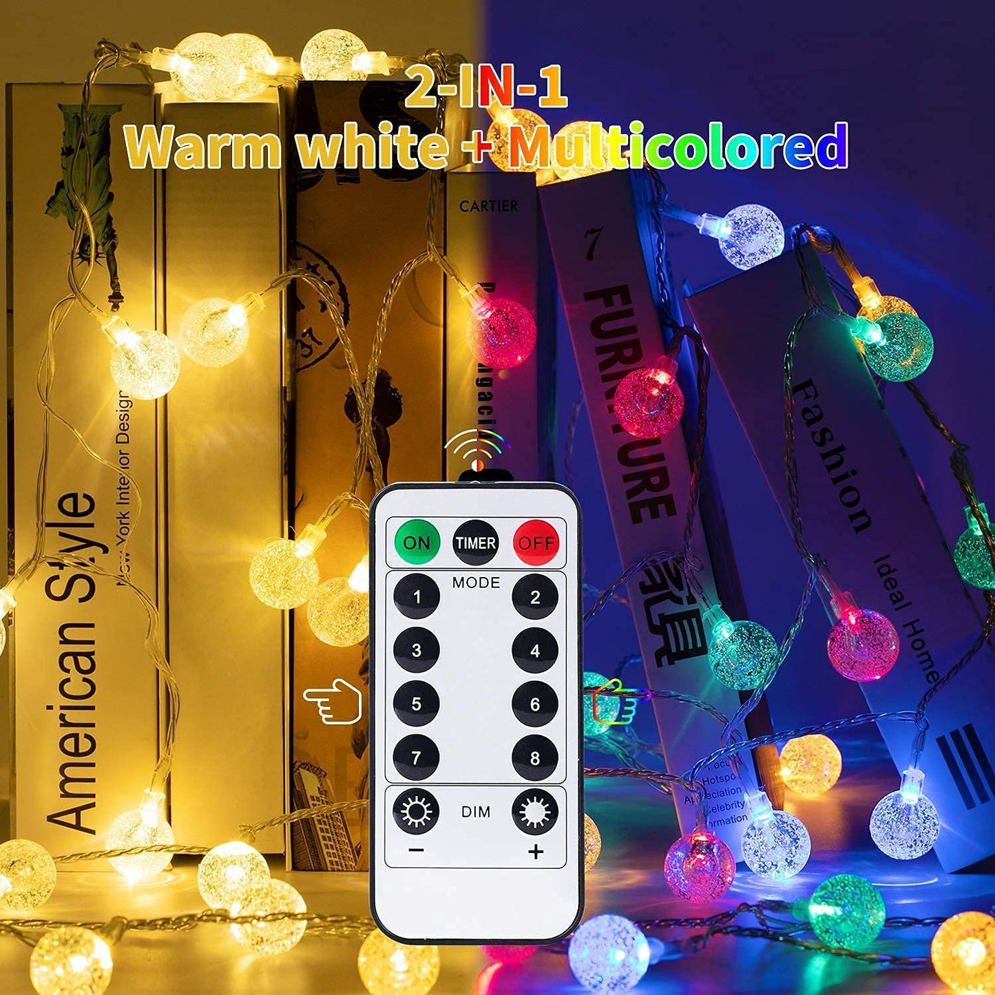 Minetom Crystal Globe String Lights Plug in - 33 ft 100 LED Globe Fairy String Lights with Remote and Timer, Waterproof for Bedroom Tent Loft Bed Window Porch Patio Party Holiday Decor, Warm White