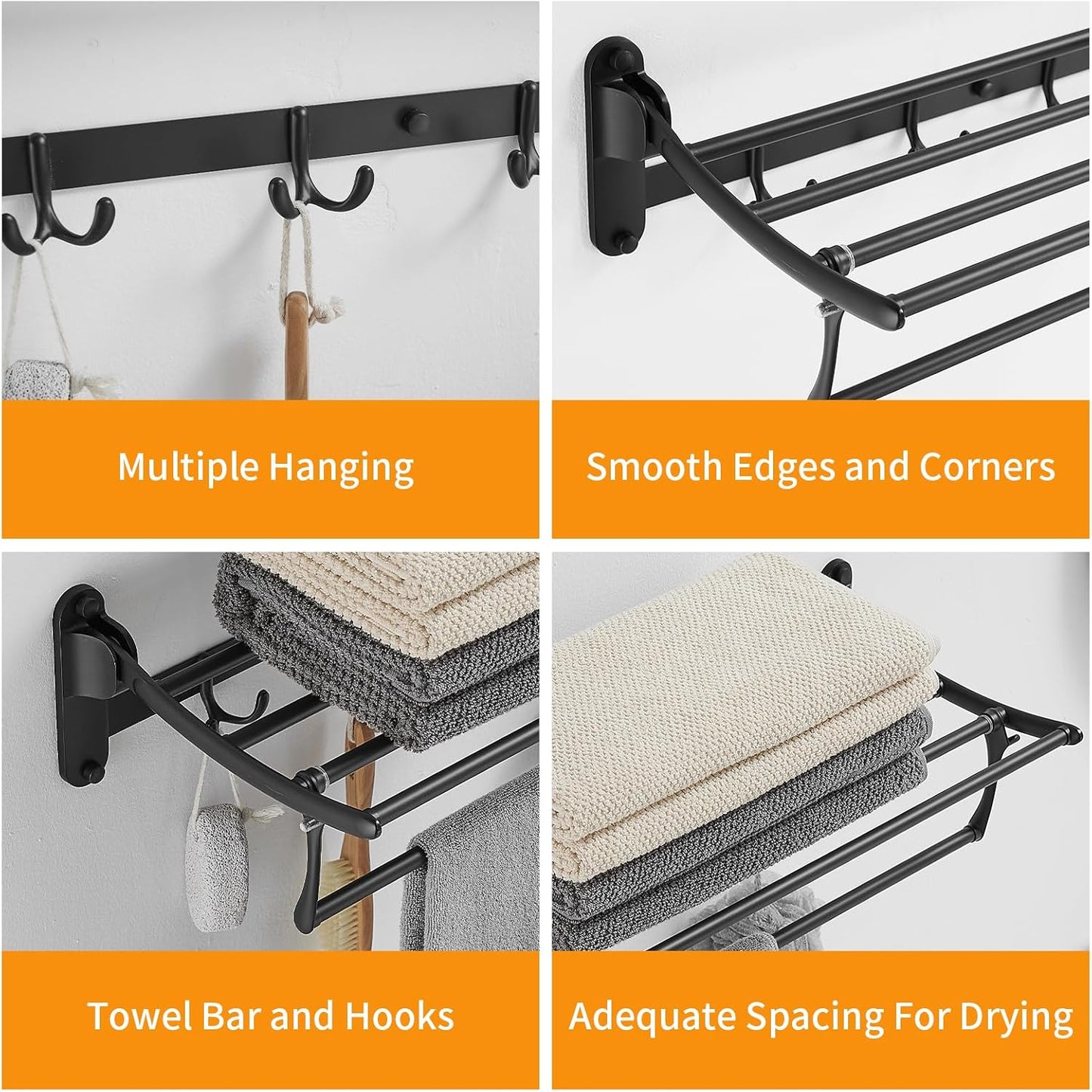 BESy 24 Inch Brushed Nickel Towel Racks, Bathroom Towel Shelf with Foldable Towel Bar Holder and Towel Hooks, Wall Mounted Multifunctional Bathroom Accessories, Double Towel Bars