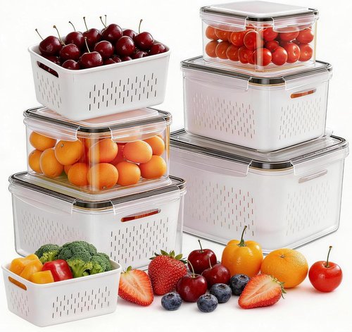 HOMETALL 5-Pack Fruit Storage Containers - Leakproof Fridge Organizers with Removable Colanders | Ideal for Berries, Vegetables, and Salads