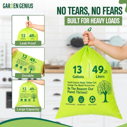 Biodegradable 13-Gallon Kitchen Waste Bags - Strong, Heavy-Duty Drawstring Trash Bags | Eco-Friendly 50-Pack