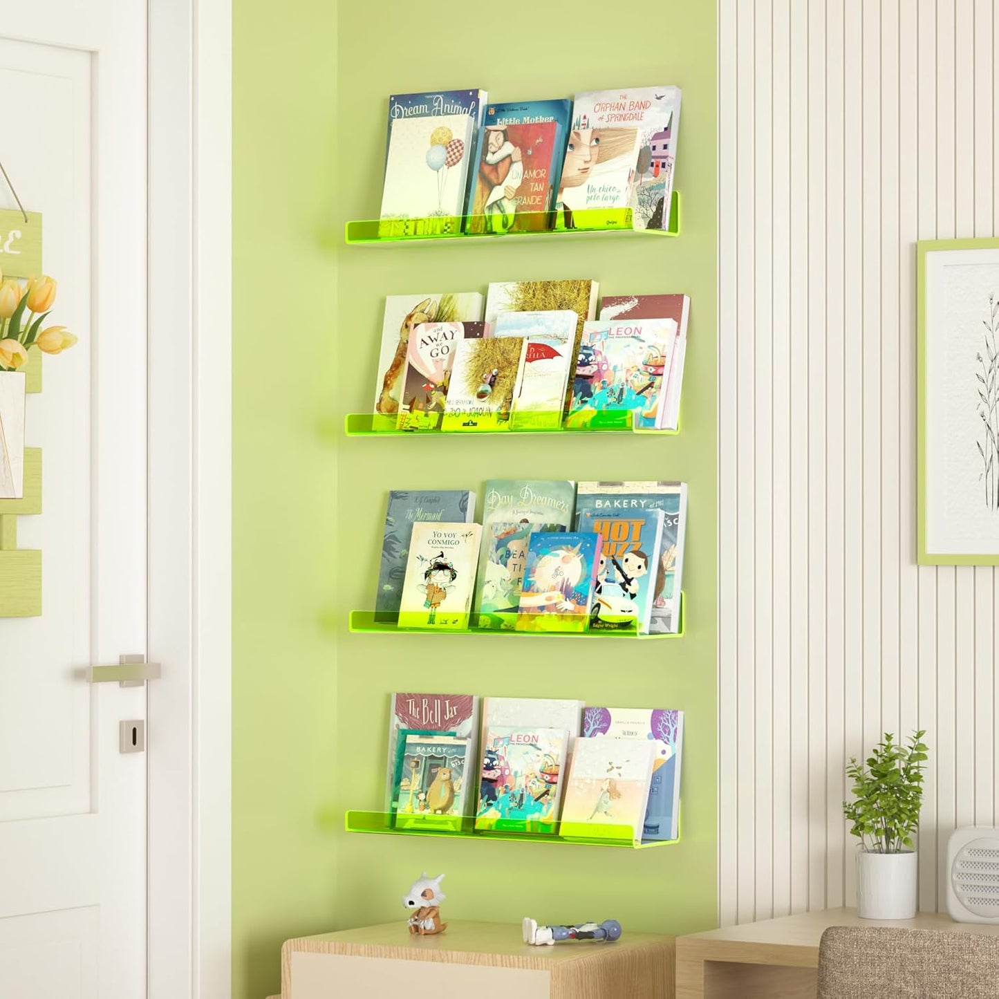 Upsimples Acrylic Wall Shelves - 15" Display Shelf for Figures & Nail Polish | Clear Fluorescent Green, 4 Pack
