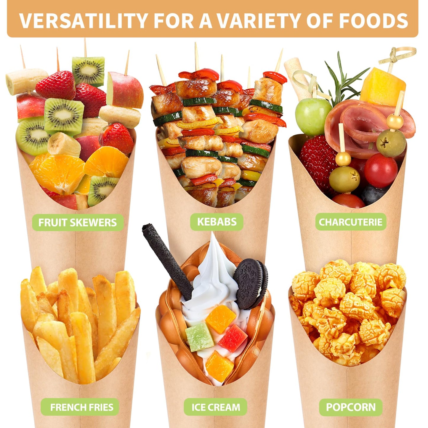 Vicuna R Charcuterie Cups French Fry Holder, 50PCS Appetizer Cups for Parties + 50 Labels, 12 oz Kraft French Fry Cup, Disposable Brown Paper Snack Cup, Charcuterie Boards Accessories
