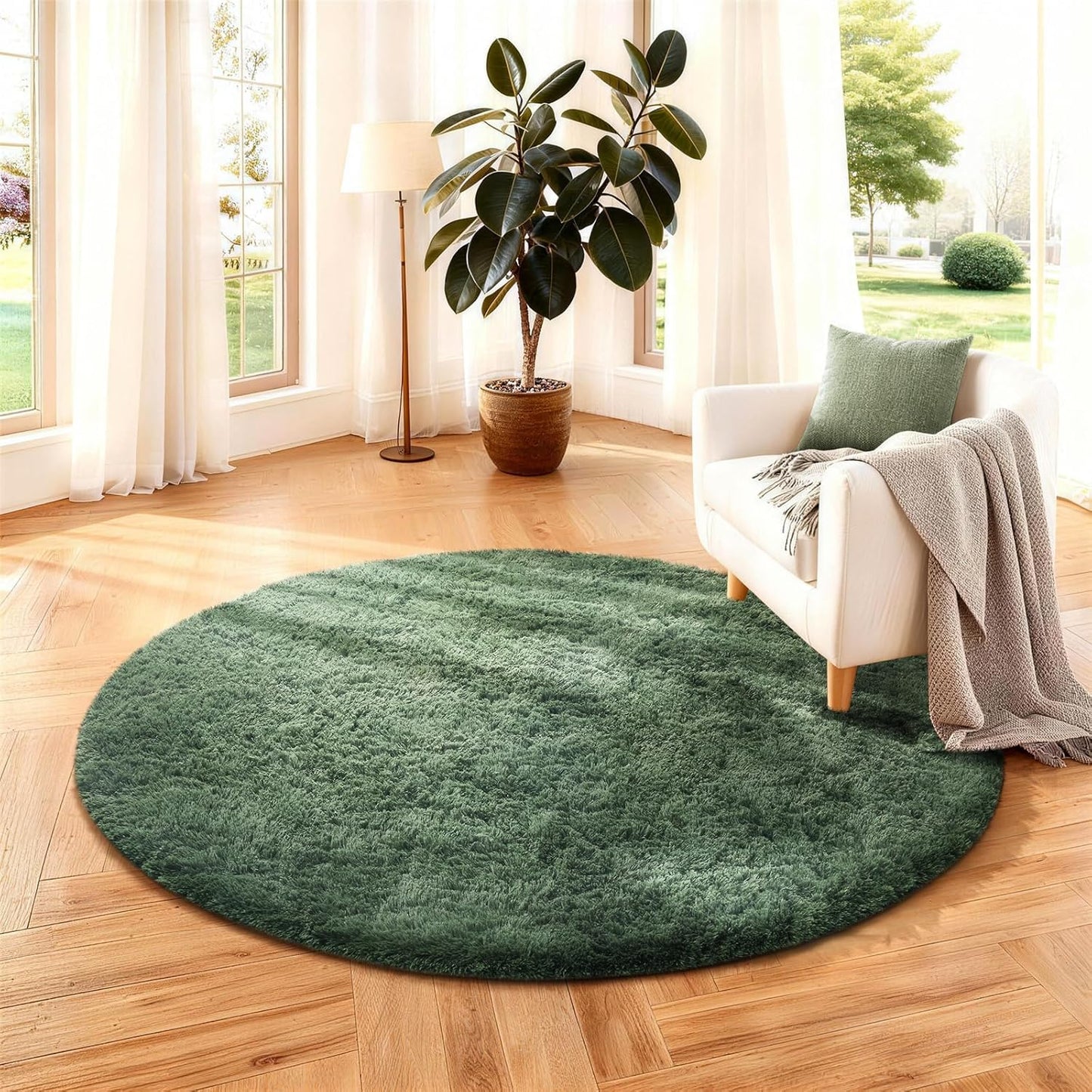 Ophanie Round Rug - 4Ft Grey Green Circle Area Rug | Plush Soft Shaggy Carpet for Kids' Rooms