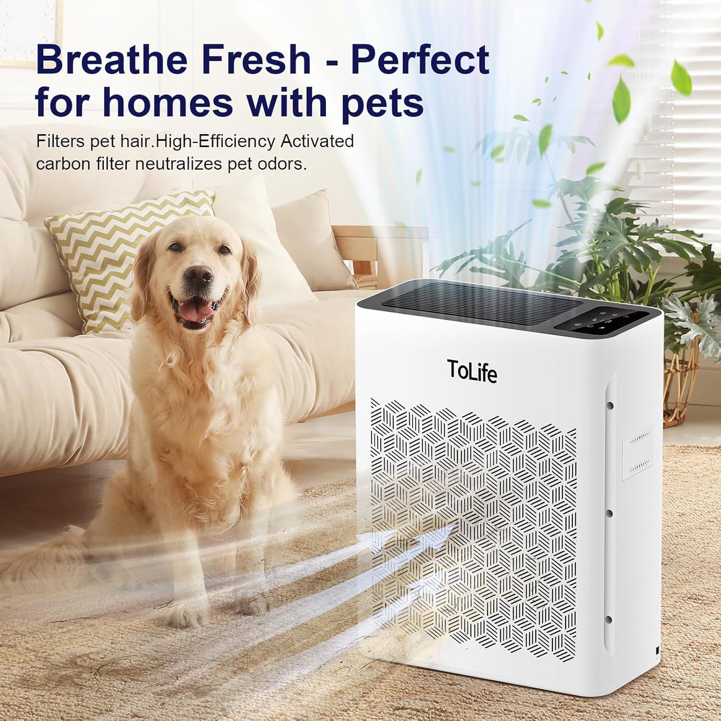 Tolife Air Purifier - Large Room Air Cleaner for Home | Washable Filter, Sleep Mode, Up to 1095 Ft², White