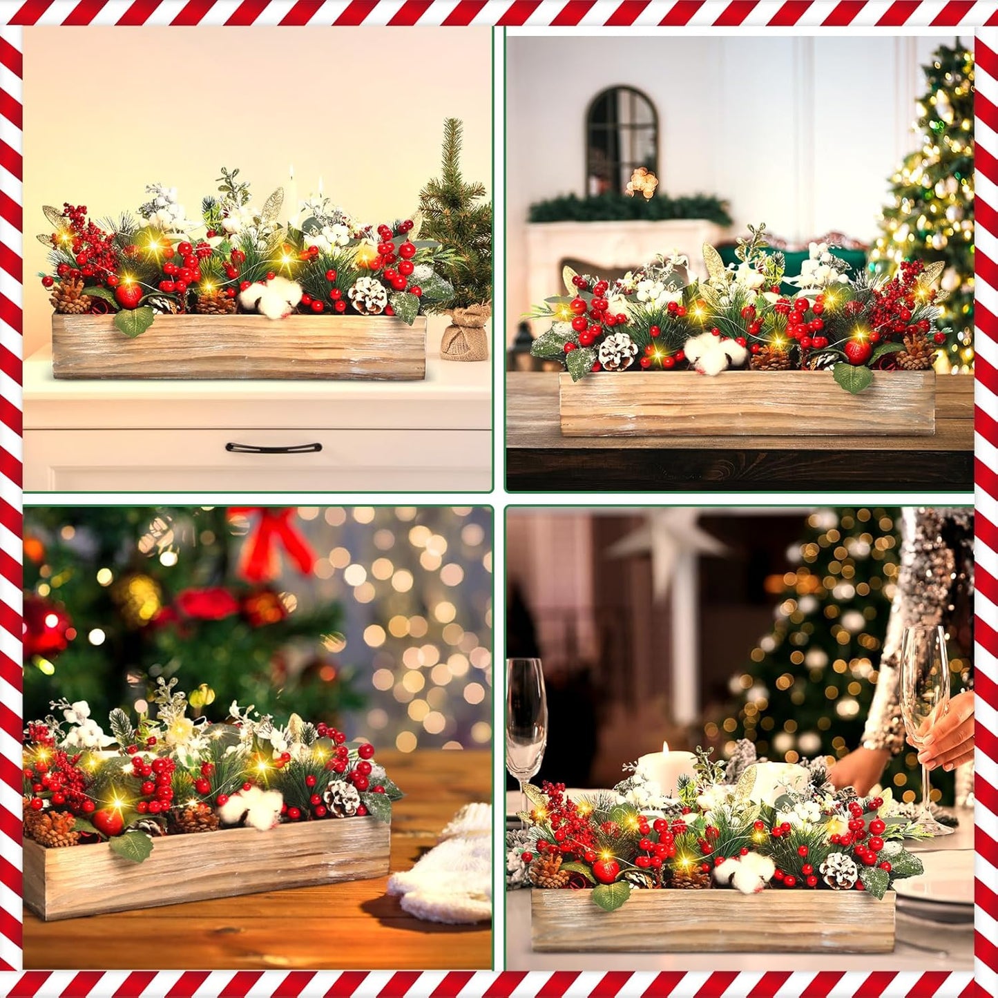 Leinuosen Christmas Table Centerpieces - 30 Pcs Floral Berry Rattan Garland with LED Lights