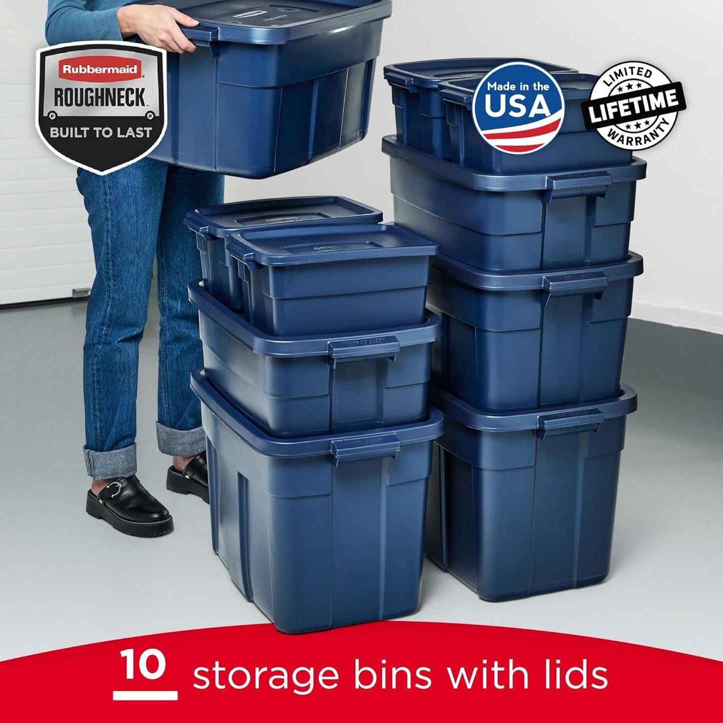 Rubbermaid Roughneck Tote - Durable Dark Indigo Metallic Storage Tote with Lid & Handles | Pack of 10