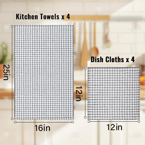 Homaxy Kitchen Towels and Dishcloths Set, 16 x 25 and 12 x 12 Inches, Set of 8 Cotton Terry Kitchen Dish Towels, Super Soft and Absorbent Dish Cloths, Black/Grey/Pink/Brown