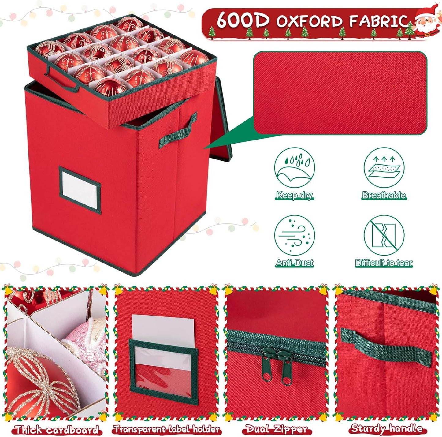 OIAHOMY Christmas Ornament Storage Box - Holds 80 Ornaments with Trays & Zippers | Durable 600D Oxford Fabric - Red