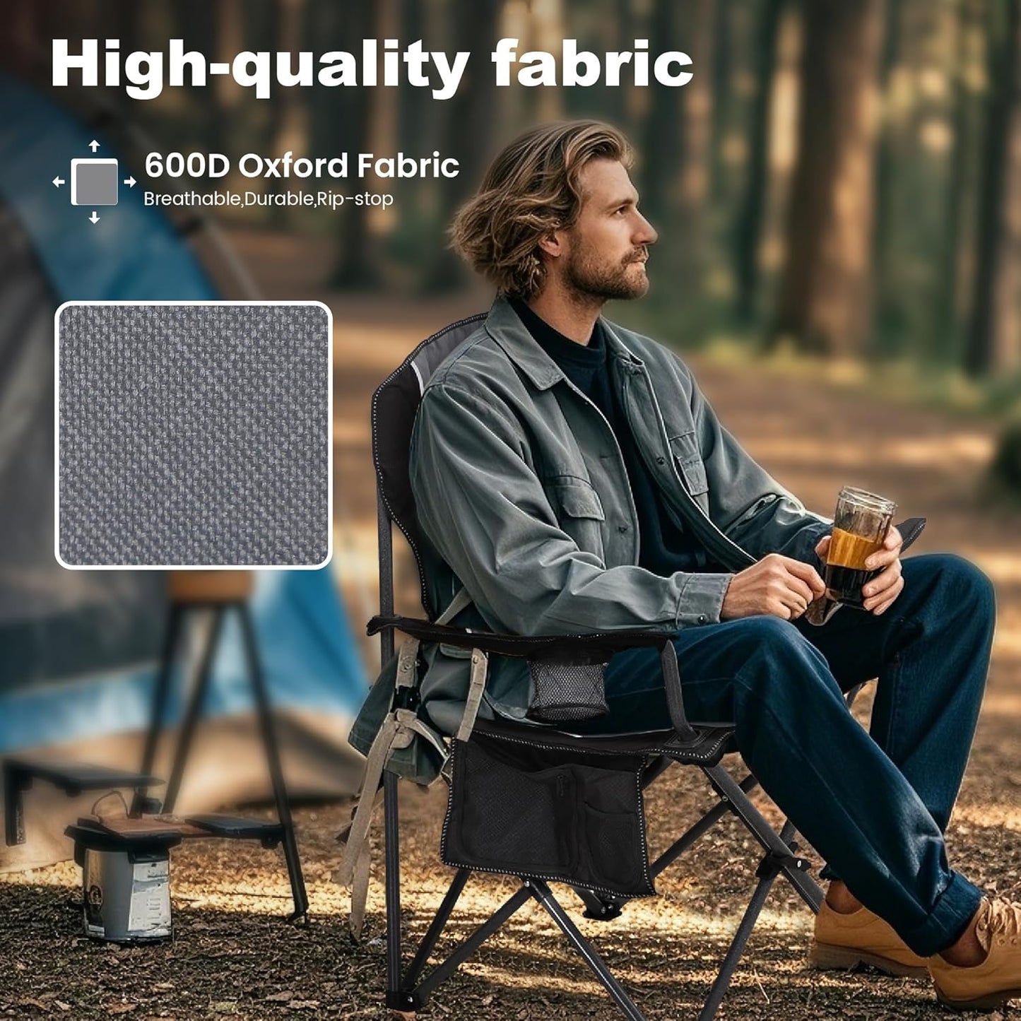 LET'S CAMP Oversized Camping Chair - Heavy Duty 350 LBS Capacity, 2 Pack with Cup Holder & Storage Bag | Grey