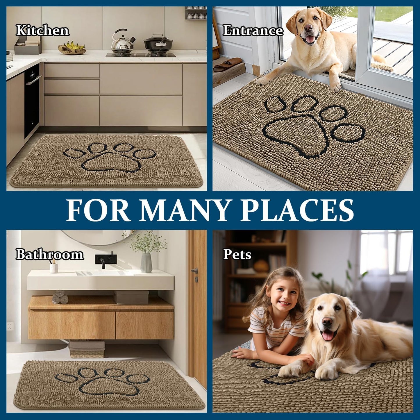 OLANLY Dog Door Mat - Absorbent Non-Slip Mud Mat for Muddy Paws | 59x35 Tan Paw Print Design
