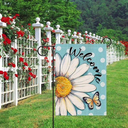 Artofy Welcome Spring Summer Daisy Flower Small Decorative Garden Flag, Floral Butterfly Blue Yard Lawn Outside Decor, Polka Dots Seasonal Burlap Outdoor Home Decoration Double Sided 12 x 18
