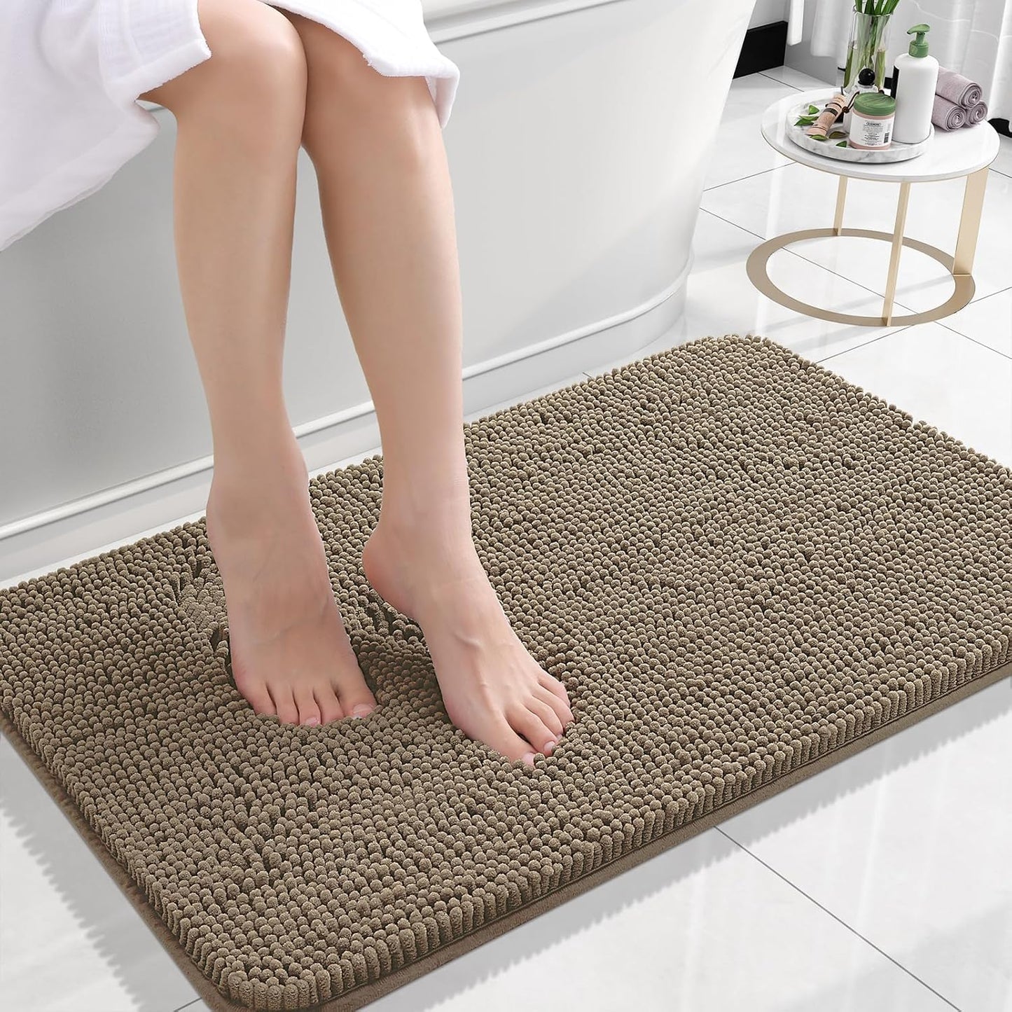 OLANLY Small Bathroom Rugs - Extra Soft Chenille Bath Mats | Quick Dry, Machine Washable, Tan 24x16