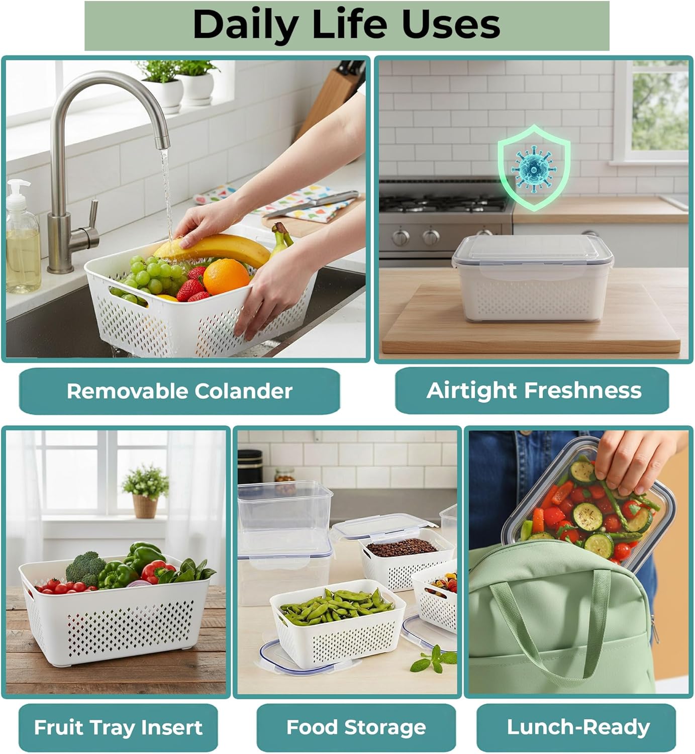 Skiennix Large Fruit Storage Containers - Airtight Plastic Food Storage with Removable Colander | 5 Pack