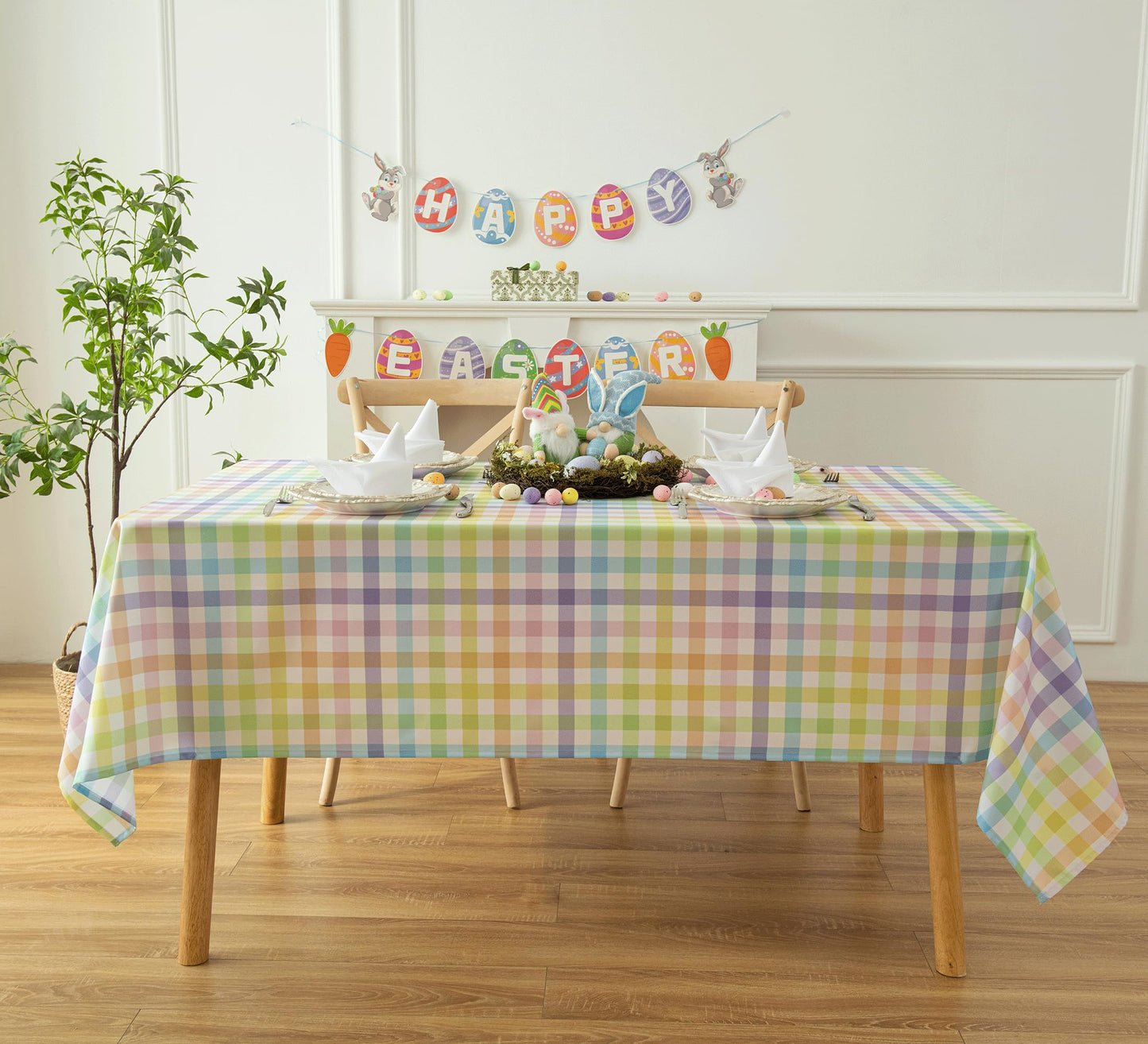 Essifunia Waterproof Colorful Chequer Tablecloth Fabric - Spring Oblong 52x70 Inch Classic Buffalo Tartan Festive Table Cloth for Indoor Use - Easter Sunday for Dinner, BBQs, and Parties