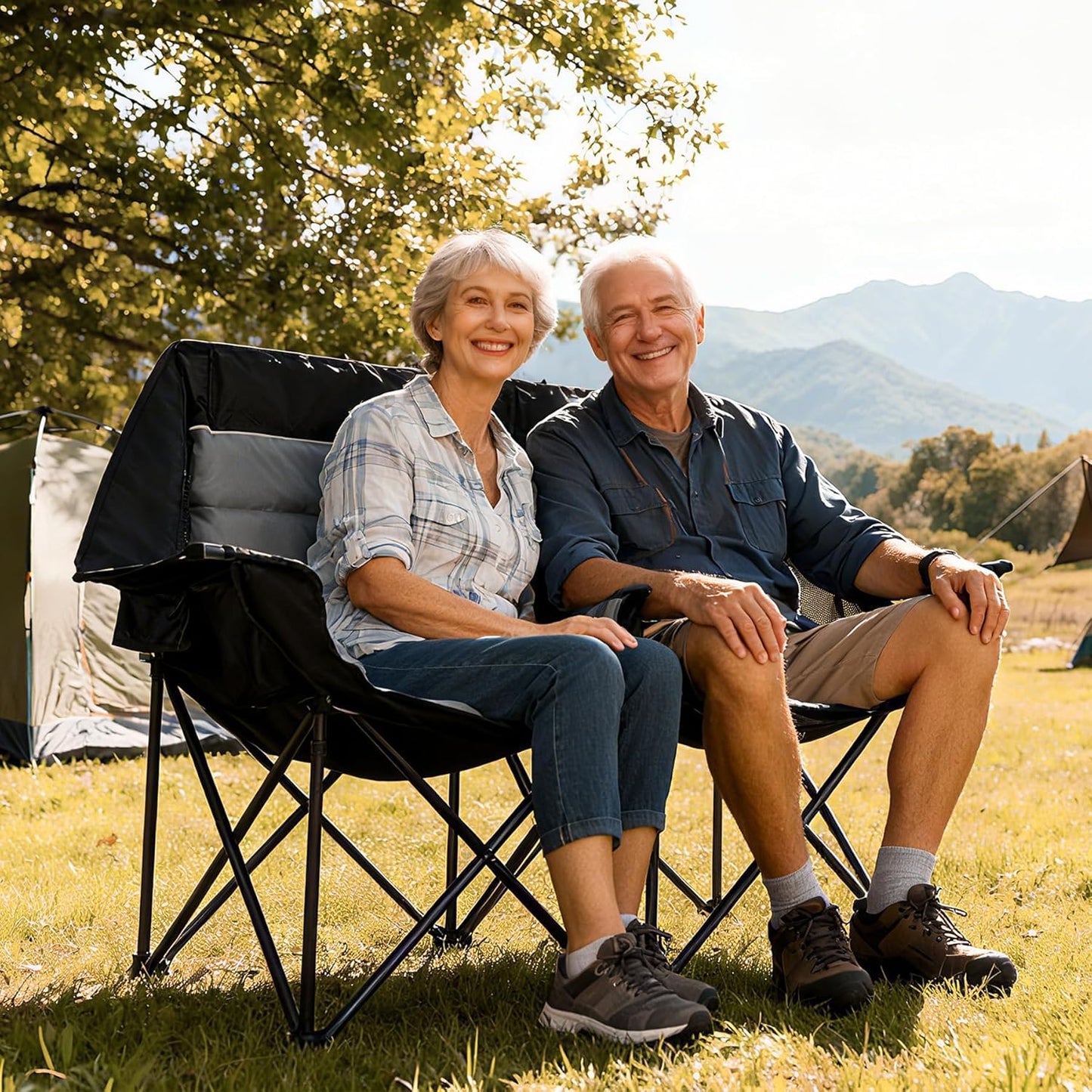 REDCAMP Heavy-Duty Padded Double Camping Chair - Supports 660lbs | Oversized Loveseat with Cup Holders & Carry Bag - Black/Grey