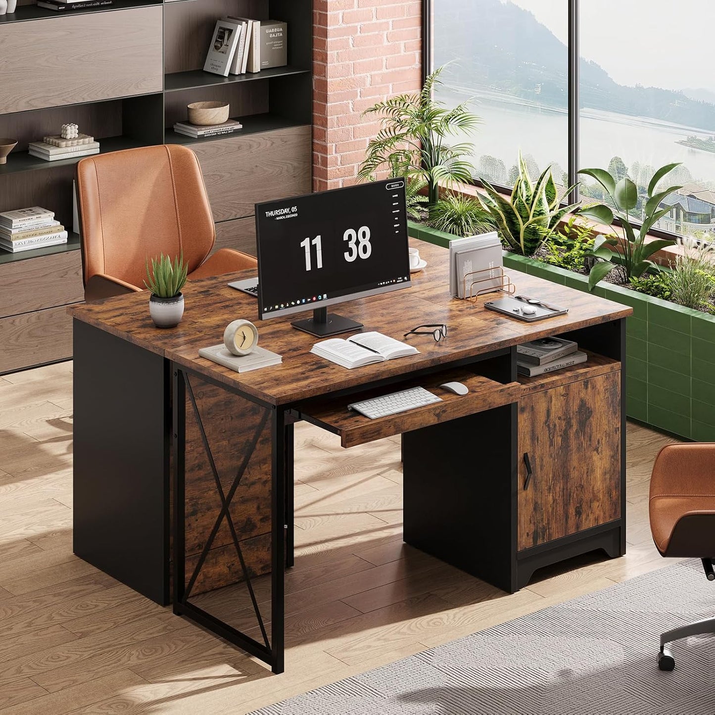 Bestier Office Desk - 47-Inch Industrial Computer Desk with Keyboard Tray & Storage | Rustic Brown