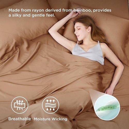 Bedsure King Size Cooling Sheets Set - Breathable Rayon from Bamboo, Soft & Silky, Deep Pocket Up to 16 Inches, Khaki