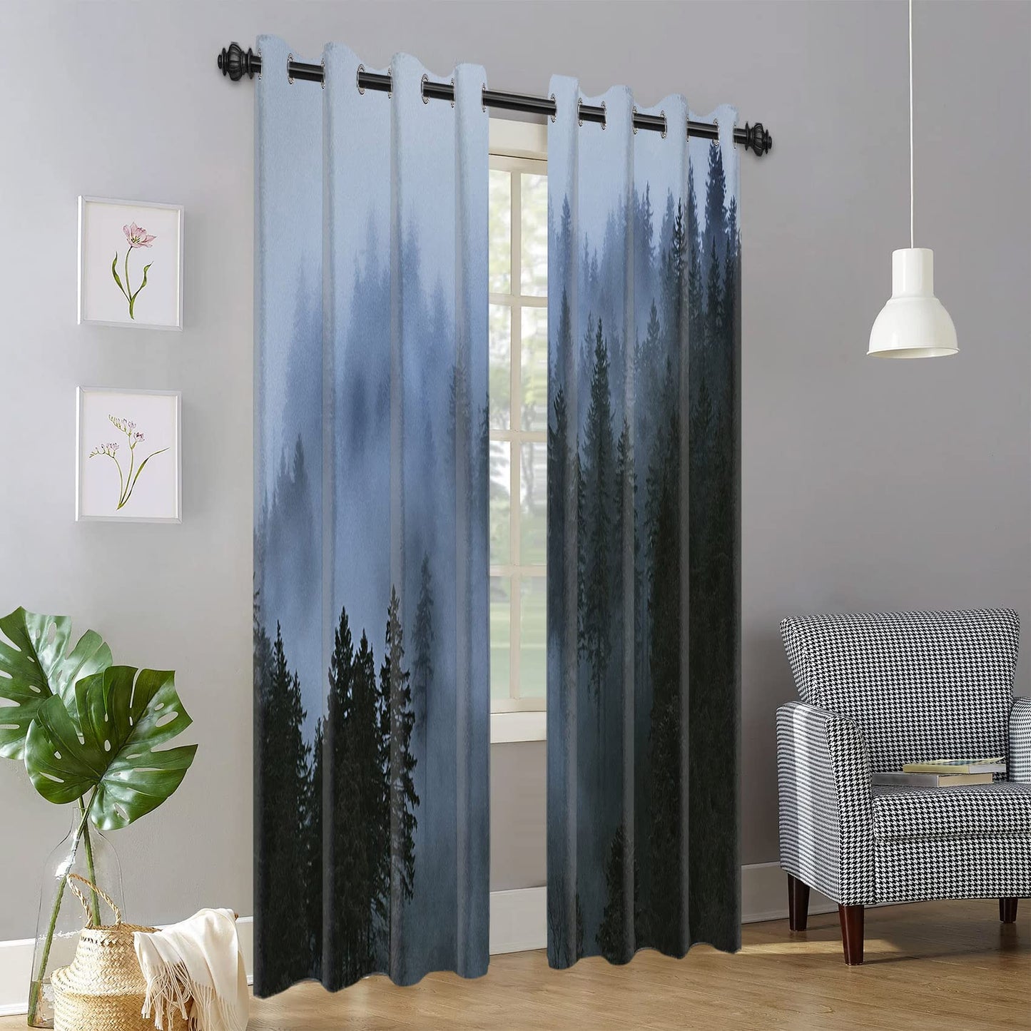 AWERT Blackout Curtains for Bedroom Light Blue Tree with Fog Nature Forest Curtains 2 Panels for Living Room Heat Blocking 42x84inch