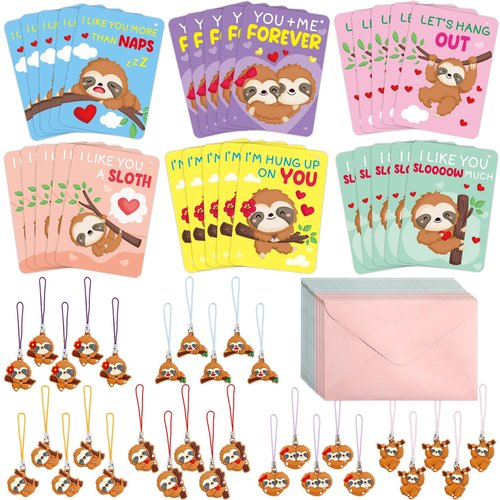 Fancy Land 30 Pack Valentines Cards Classroom Kids Sloth Valentines Day Cards with Keychains Valentine Gift Set Exchange Boys Girls Goody Bag Favors Sloth Animal