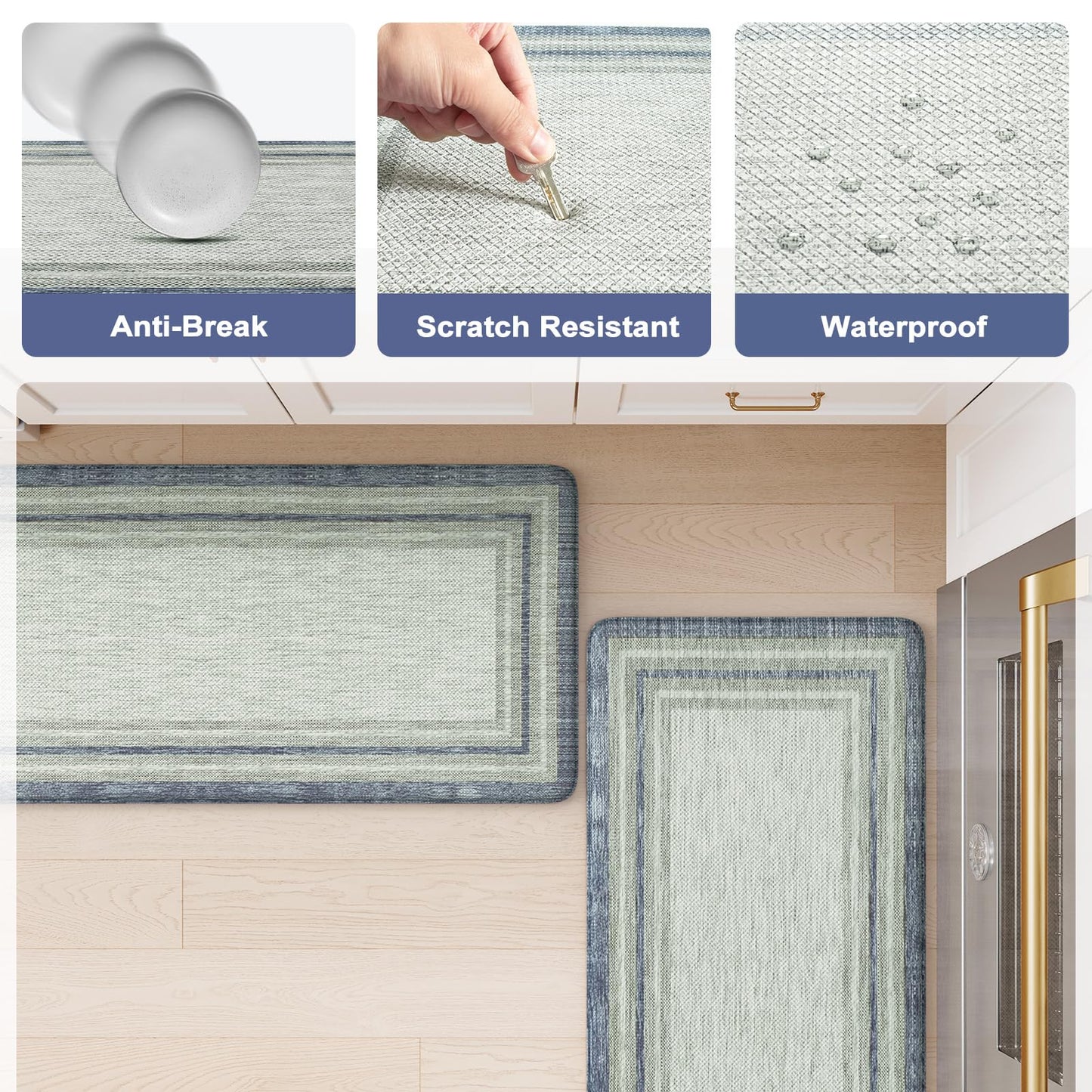 KIMODE Anti Fatigue Kitchen Mats, 17.3" x 29" Farmhouse Kitchen Rugs, Cushioned, Non-Slip Waterproof Comfort Thick Kitchen Floor Standing Mat for Corner Sink, Laundry Floor, Blue and Gray