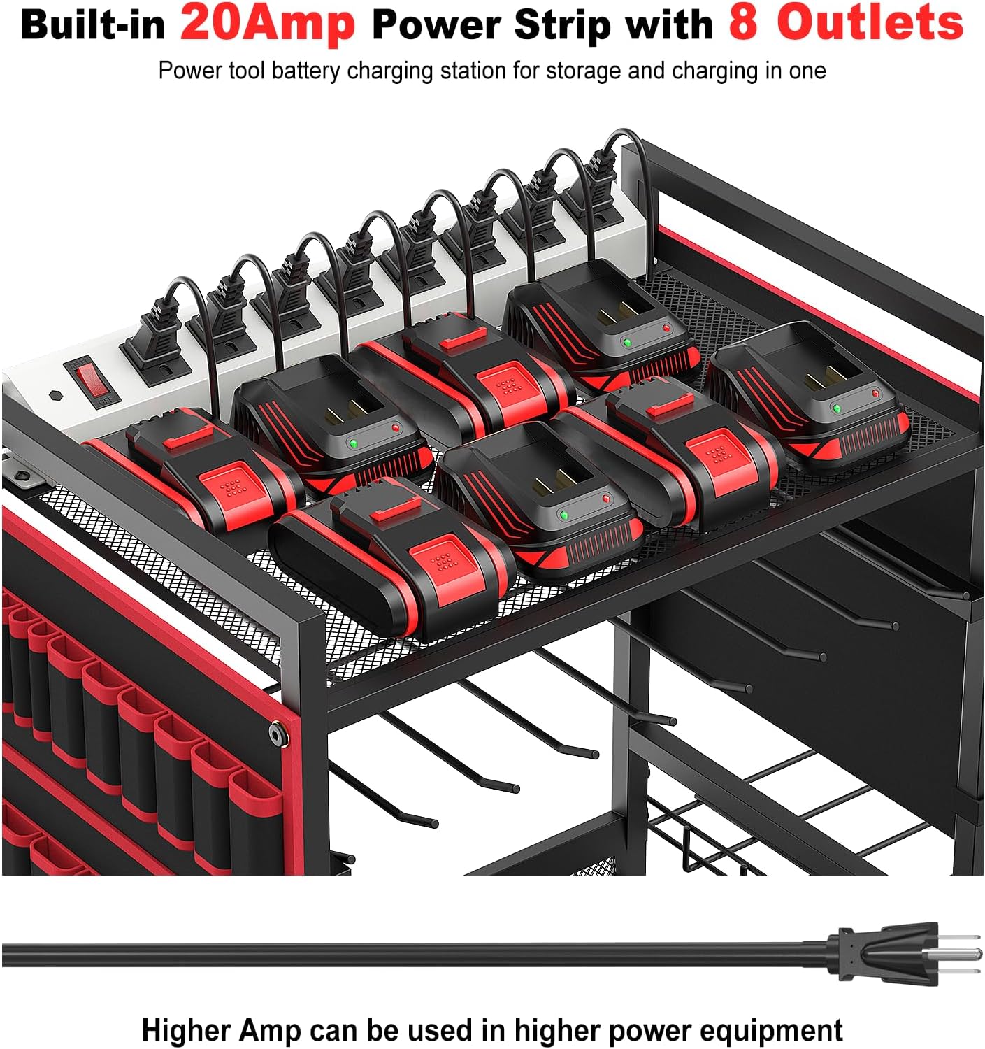 JUNNUJ Power Tool Organizer Cart - Heavy Duty Rolling Storage Rack with 20A Charging Station | Red