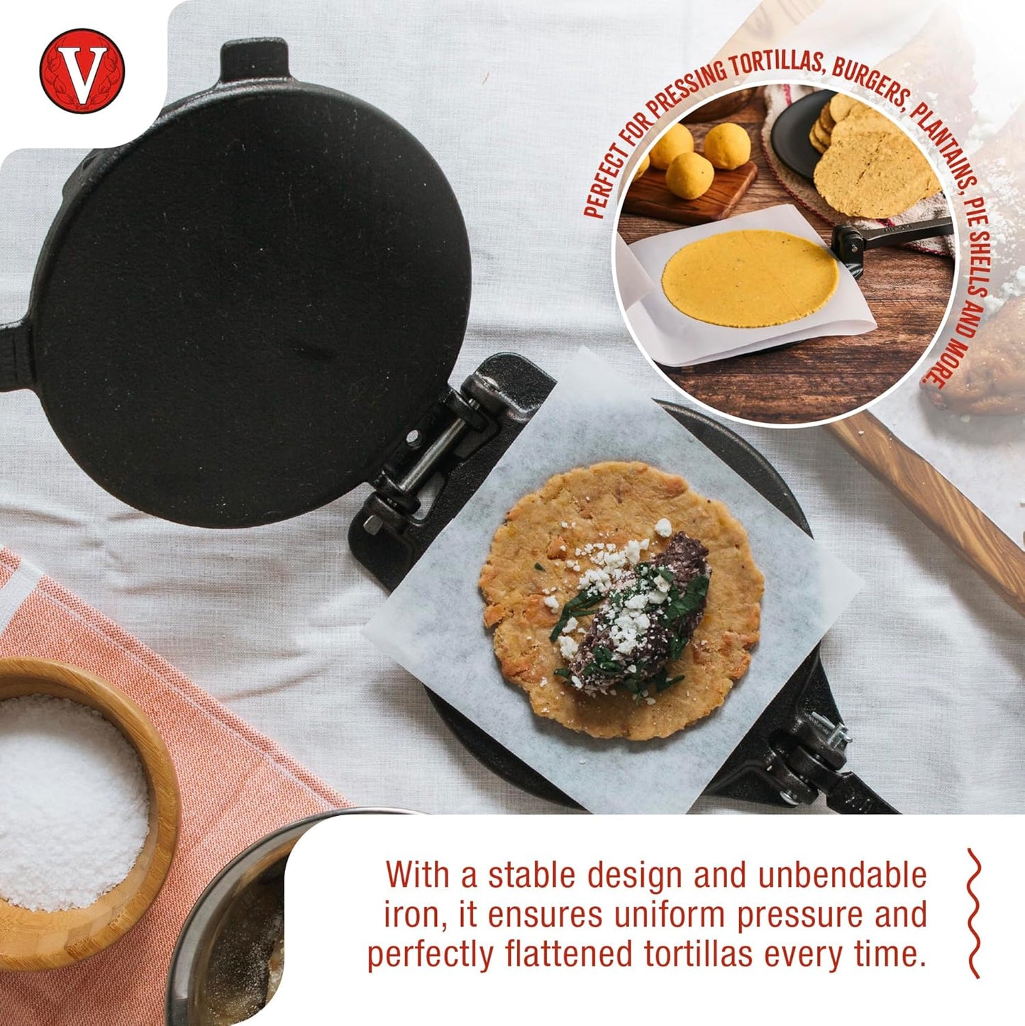 Victoria Cast Iron Tortilla Press - 8 Inch Roti Maker Seasoned with Flaxseed Oil | Traditional Black Finish