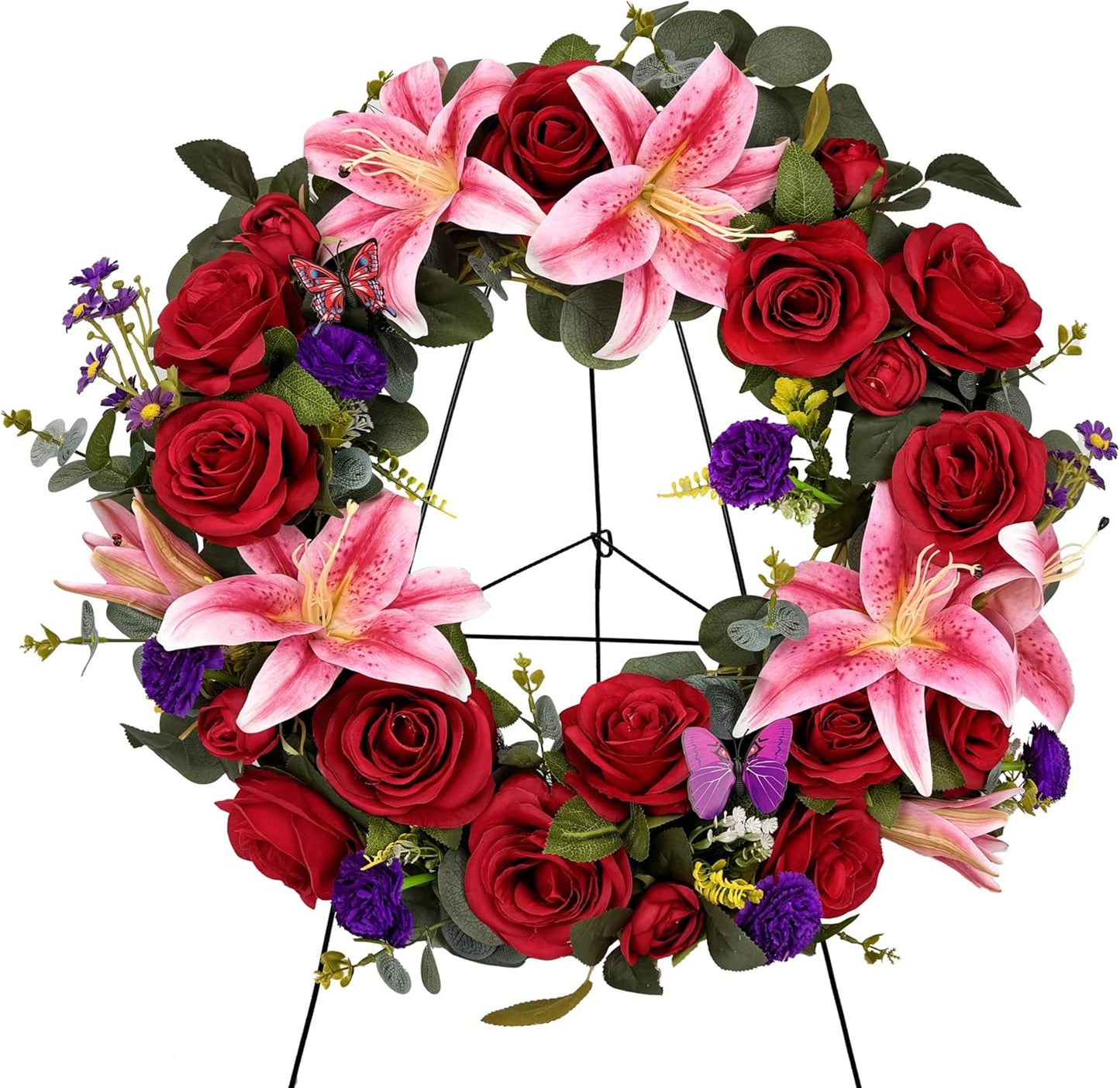 Regine Switzerland Cemetery Wreath - Handmade Floral Arrangement with 30-Inch Easel Stand | Red & Pink Roses, Lilies, Daisies, Carnations