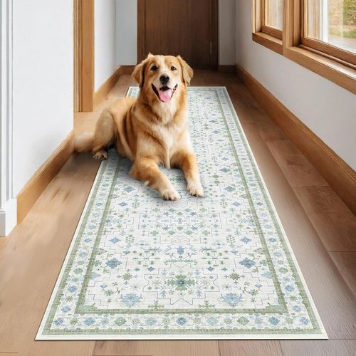Hazo Haus Oushak 3x16 Wide Hallway Runner Rug - Vintage Turkish Floral Design | Washable, Non-Slip, Light Blue & Green