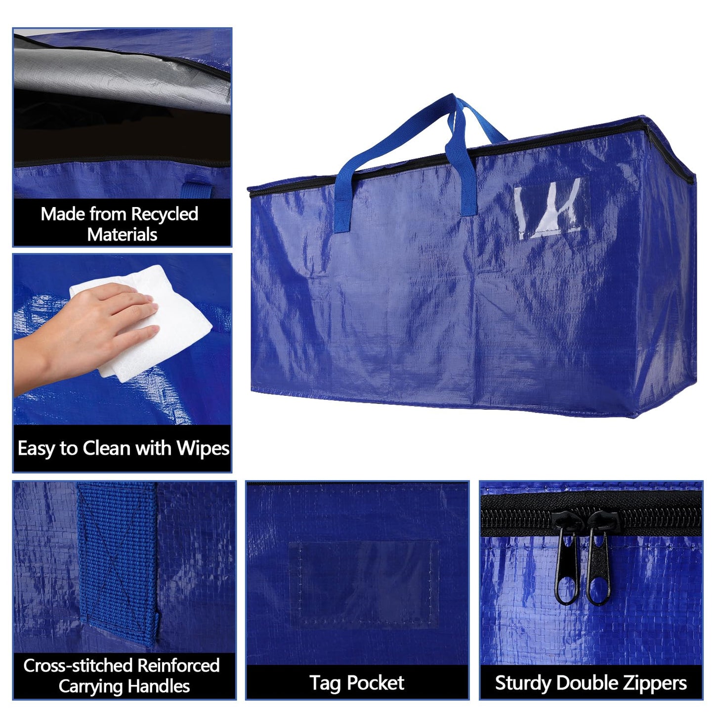8 Pack Waterproof Moving Bags with Strong Zippers and Reinforced Handles, Real 100lb Capacity Extra Heavy Duty Large Storage Totes for Packing & Moving Storing, Alternative to Moving Boxes -95L,Blue