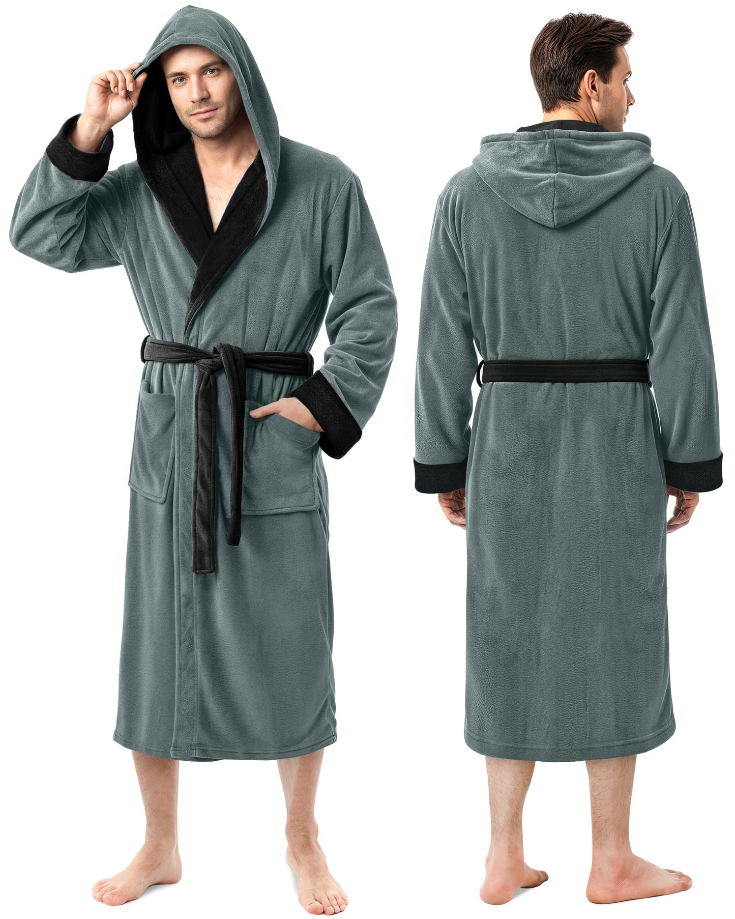 NY Threads Mens Robe with Hood, Luxury Plush Fleece Hooded Mens Bathrobe, Spa Bath Robe for Men, Small/Medium, Steel Grey and Black