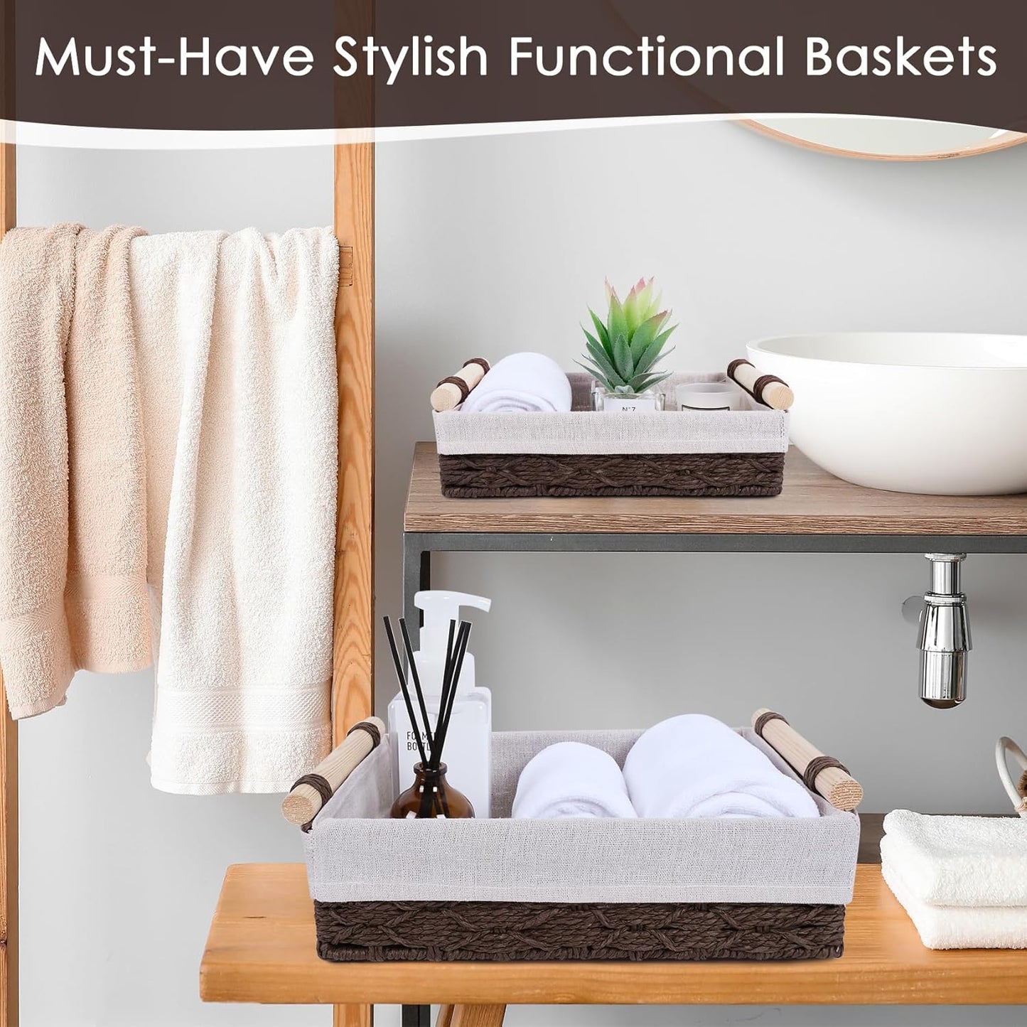 Wicker Storage Basket - Decorative Paper Rope Bathroom Organizer with Wooden Handle | 2 Pack, Brown