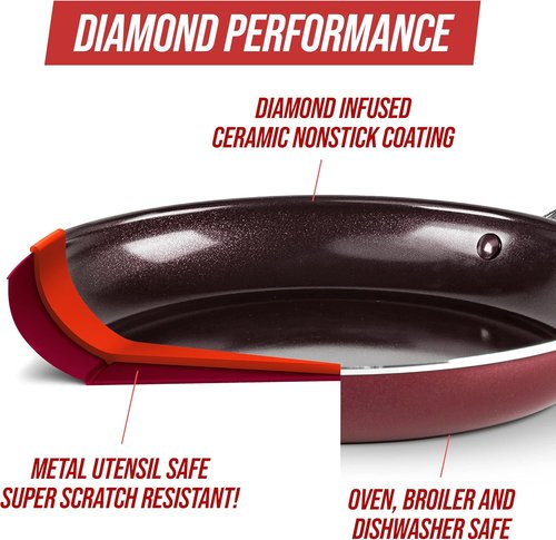 Blue Diamond 12" Nonstick Frying Pan - Diamond Infused Ceramic, Dishwasher Safe, Red Color