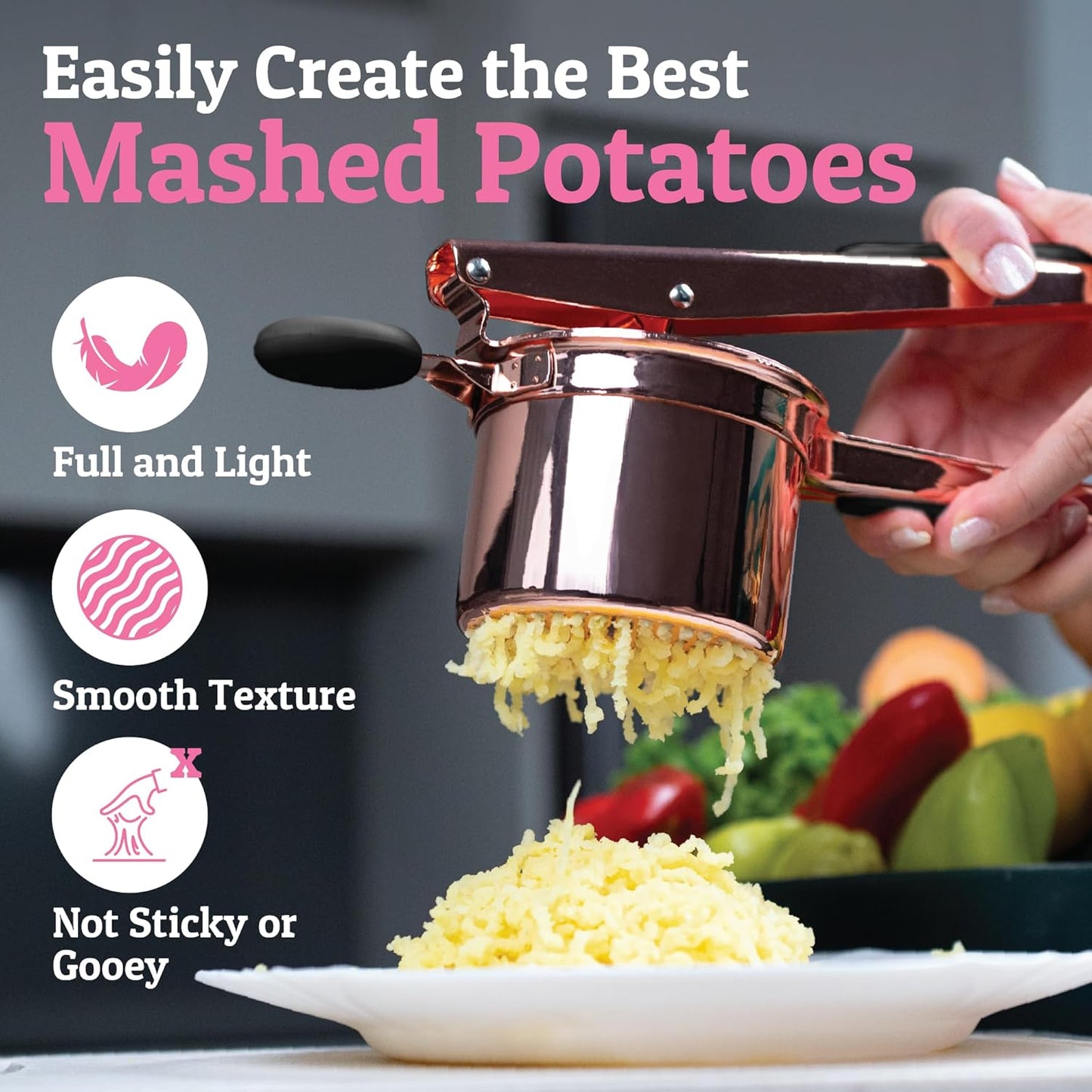 PriorityChef 15oz Potato Ricer - Heavy Duty Stainless Steel Masher for Perfect Mashed Potatoes | Rose Gold & Black