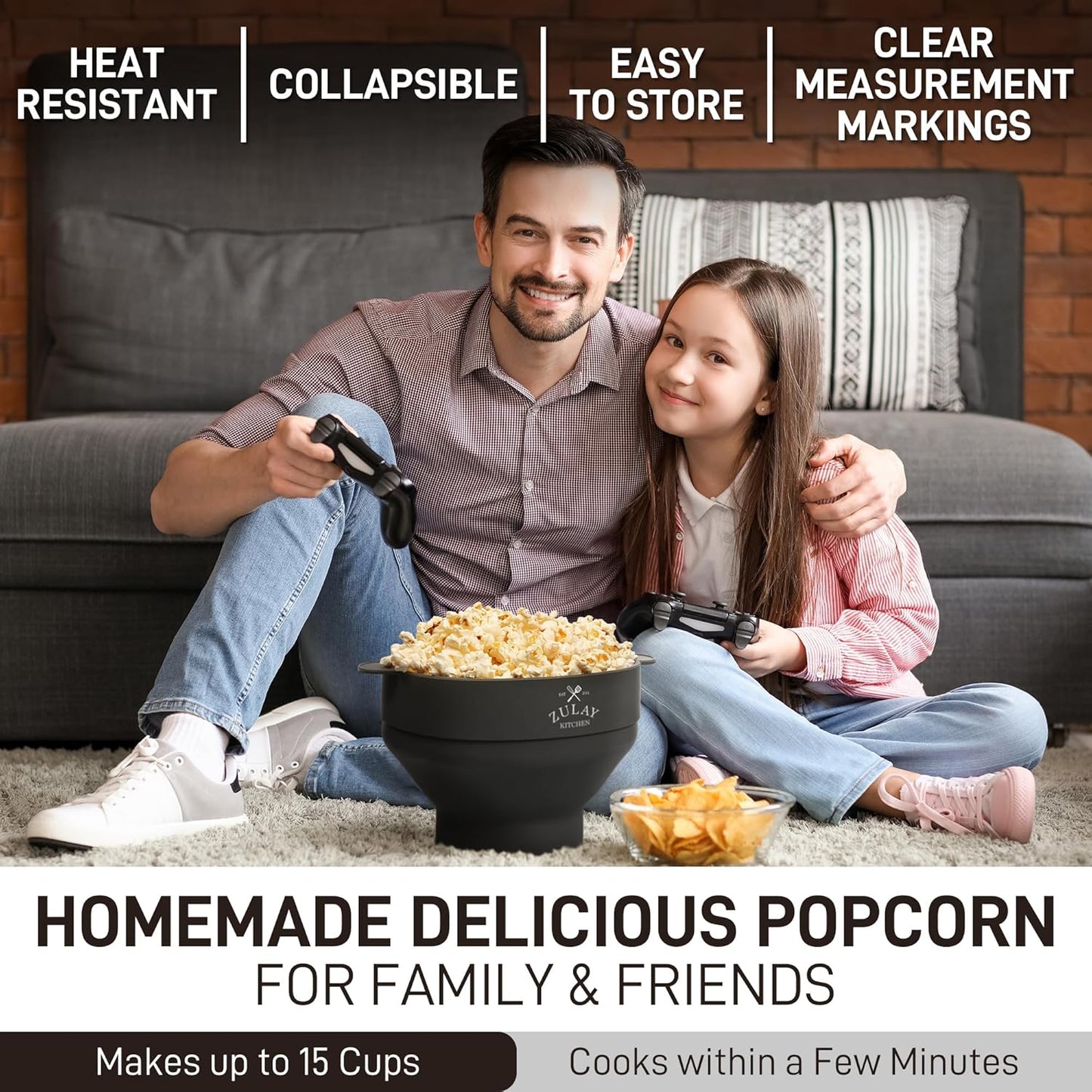 Zulay Microwave Popcorn Popper - Collapsible BPA-Free Silicone, Dishwasher Safe | Black, Spacious Design