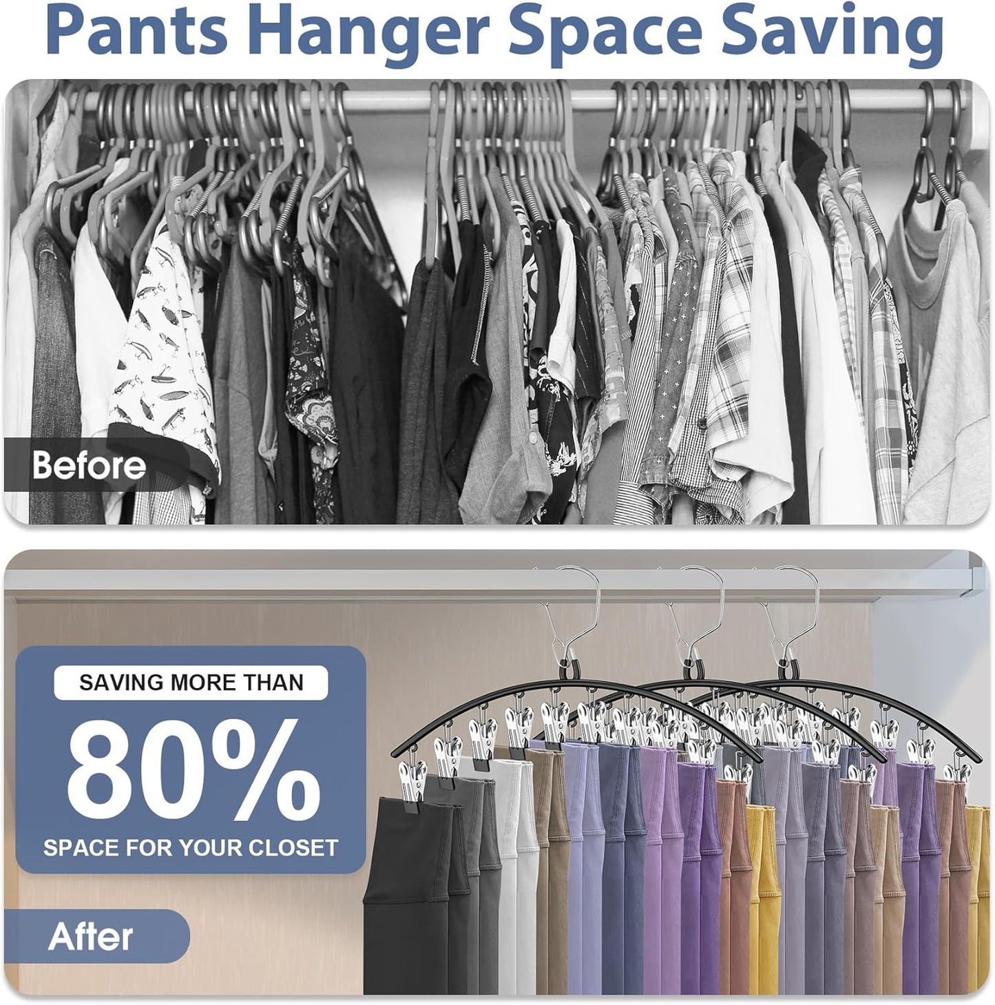 Skiennix 3-Pack Skirt Pants Hangers - Space-Saving Closet Organizer with 10 Clips for Leggings & Shorts | Black
