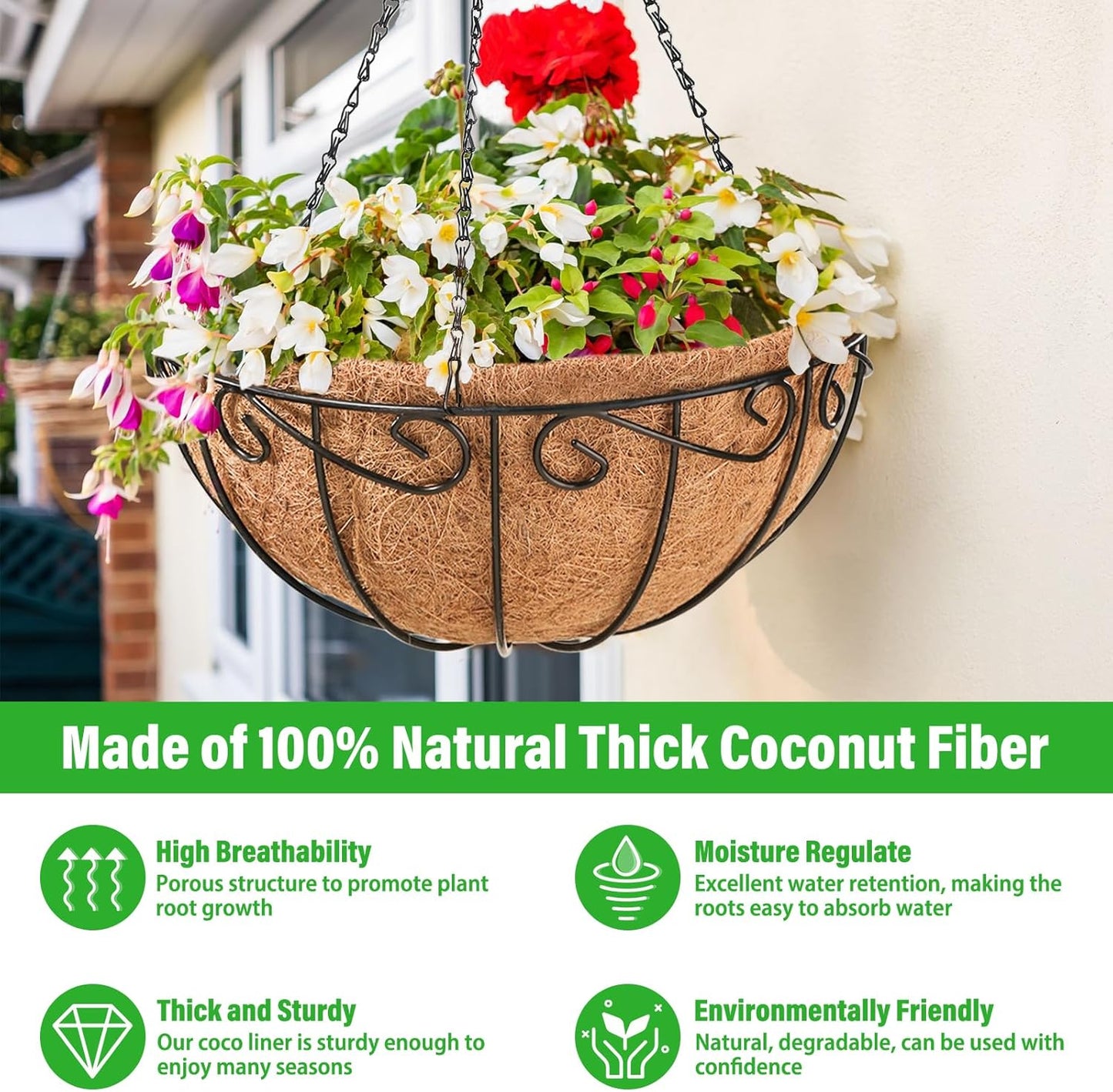 Legigo 12-Inch Metal Hanging Baskets for Outdoor Plants - Round Wire Planters with Coconut Coir Liner