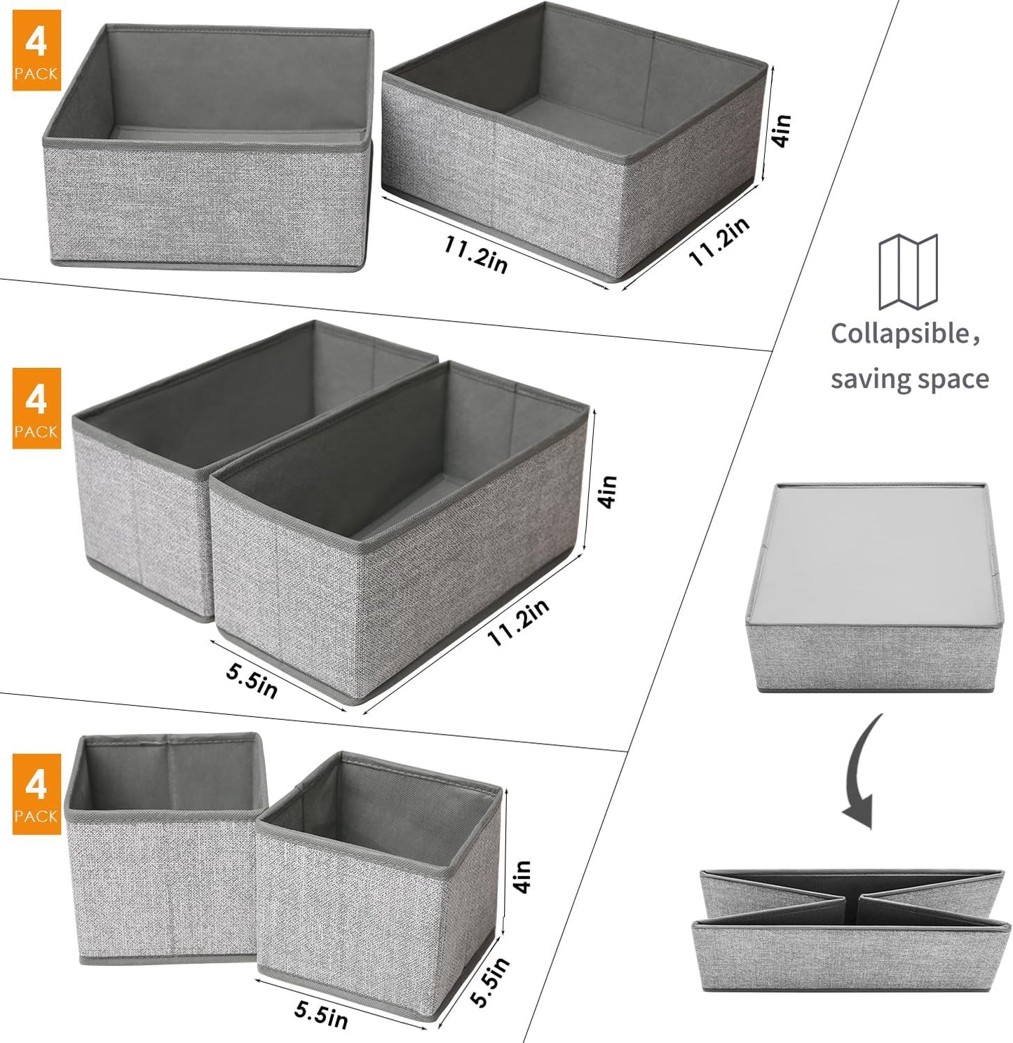 Skiennix Drawer Organizers - Foldable Clothing Storage Boxes for Closet & Dresser | 12 Pack in Grey