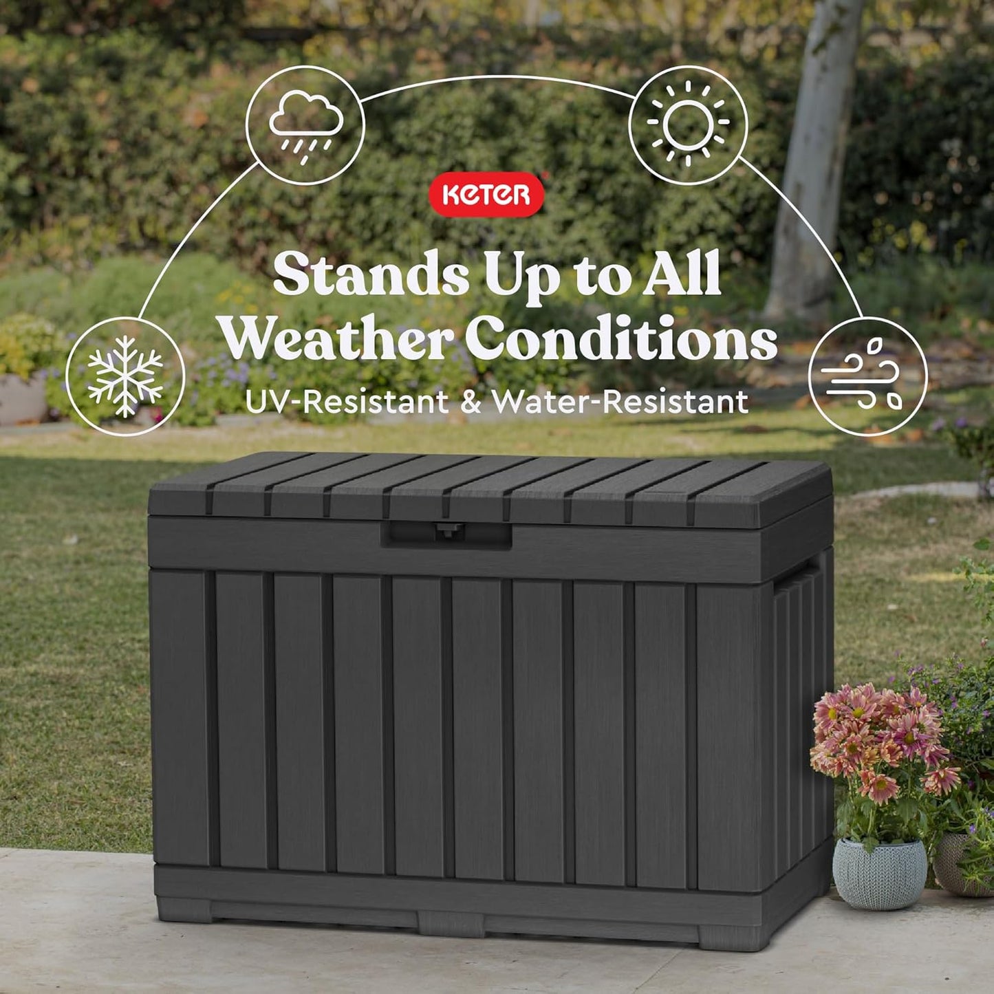 Keter Kentwood 50 Gallon Resin Deck Box - Stylish Storage for Patio Cushions & Garden Tools | Dark Grey
