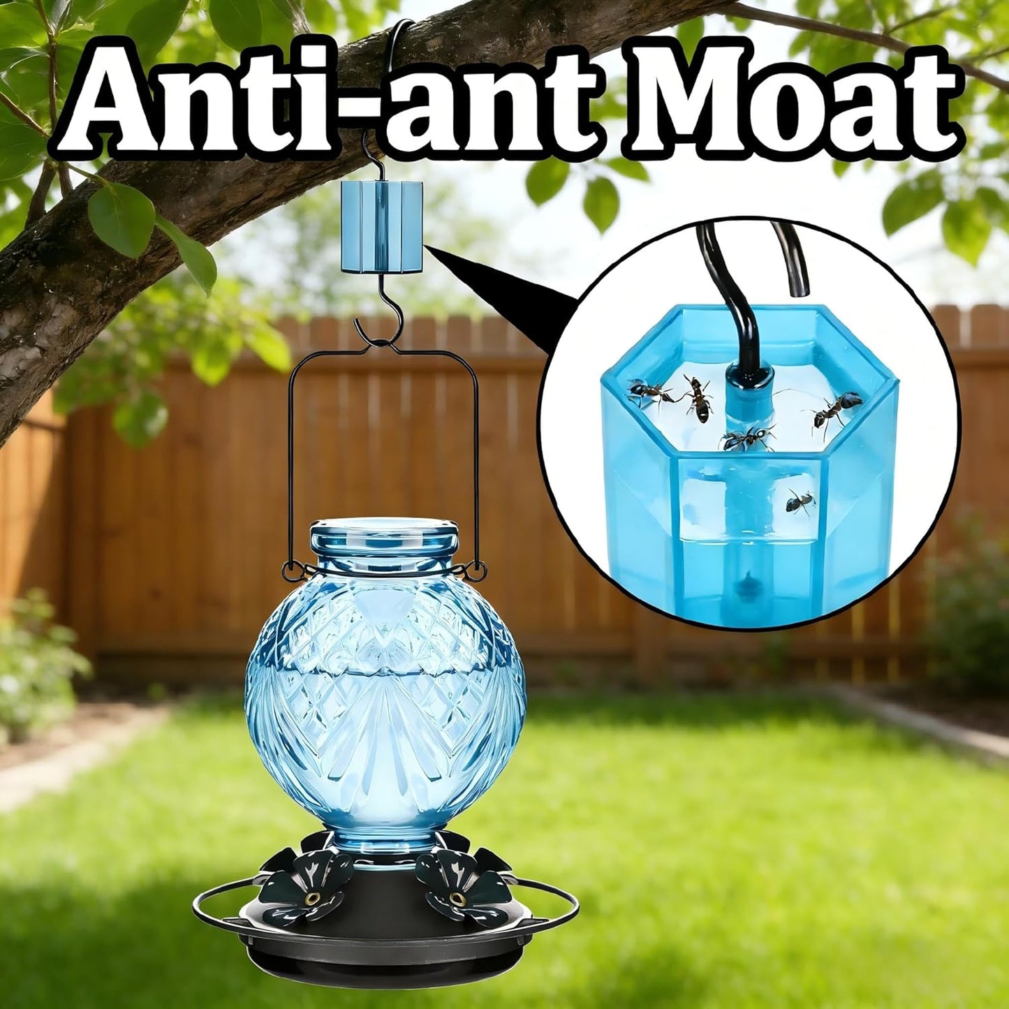 Skiennix Glass Hummingbird Feeder - 20oz Outdoor Nectar Feeder with Bee Guards & Ant Moat | Blue
