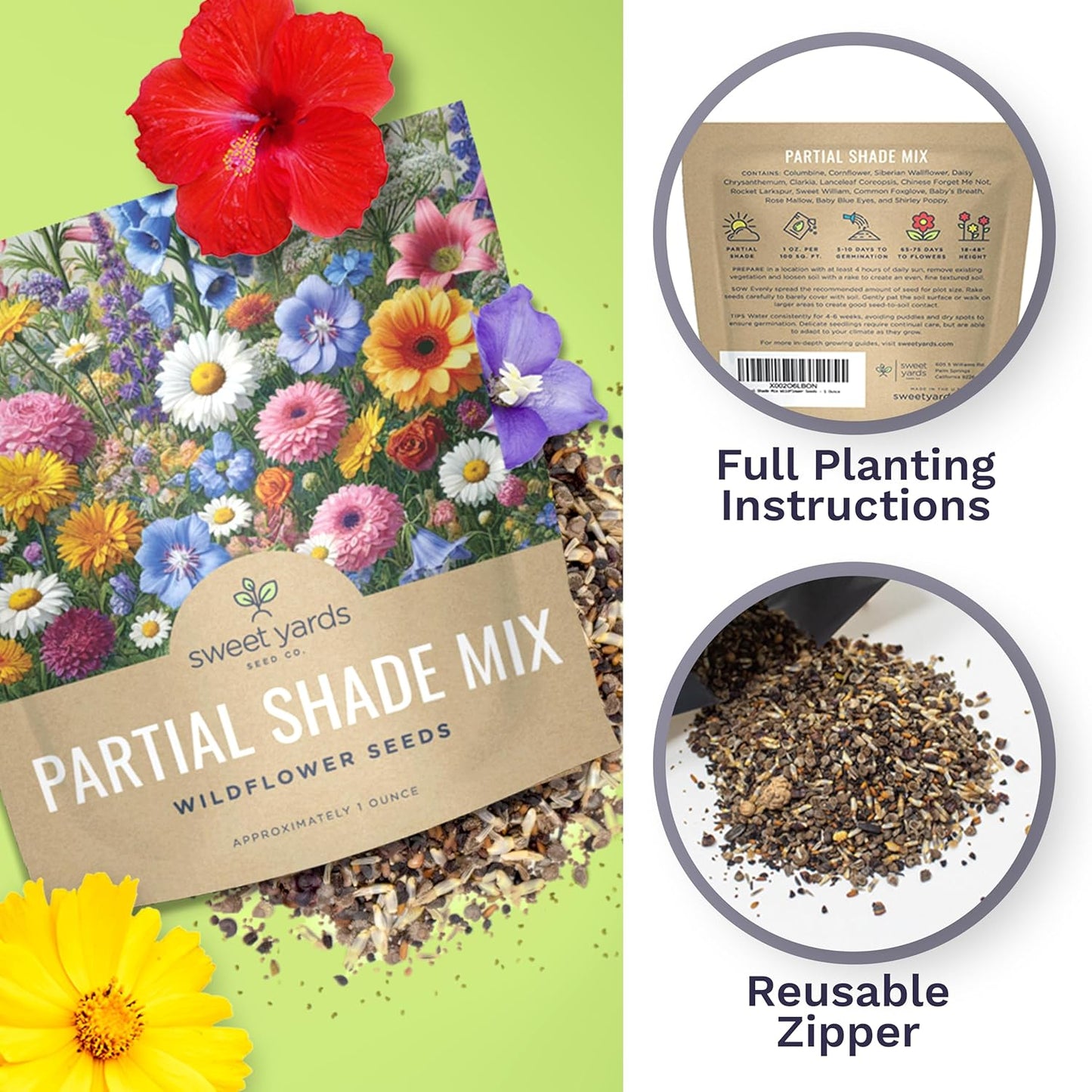 Wildflower Seeds - Partial Shade Mix with 7,000+ Open Pollinated Annual & Perennial Seeds - 1 Ounce