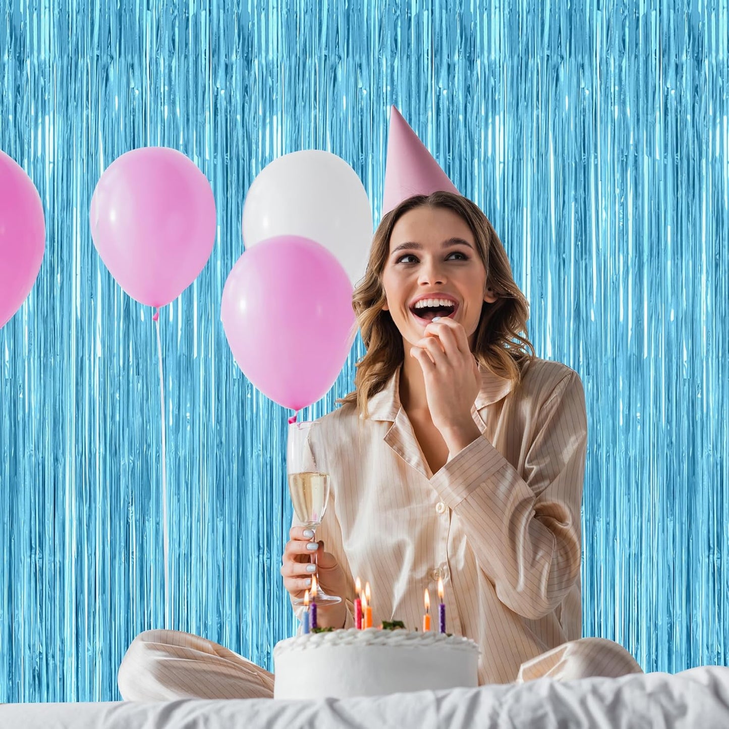 Skiennix Sky Blue Curtains - 12 Pack Metallic Party Streamers | 3.28 FT x 7.05 FT Winter Wonderland Backdrop