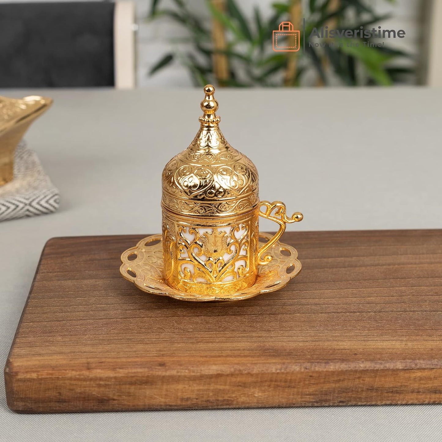 Alisveristime Authentic Turkish Coffee Cup Set: Zamak & Porcelain, Tulip Motifs (Set of 2) (Lale) (Gold)