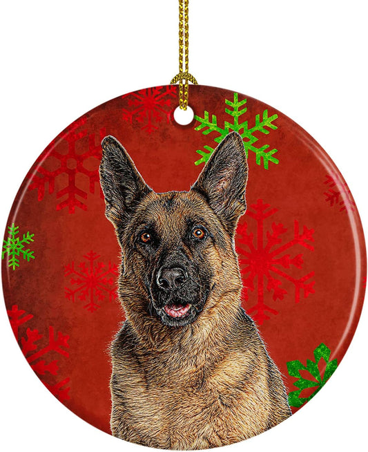 German Shepherd Christmas Ornament - Red Snowflakes Ceramic Tree Decoration, 3in